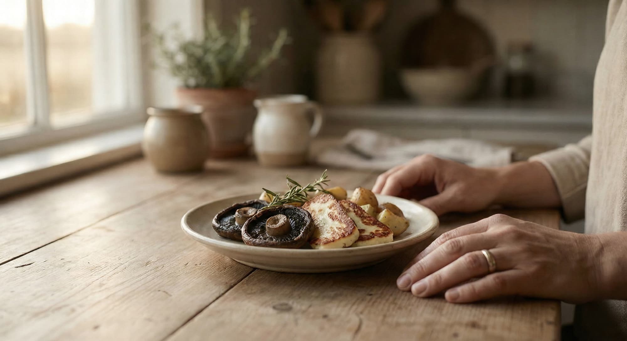 Warm realistic photo of a simple plated meal on a table with hands resting near the plate