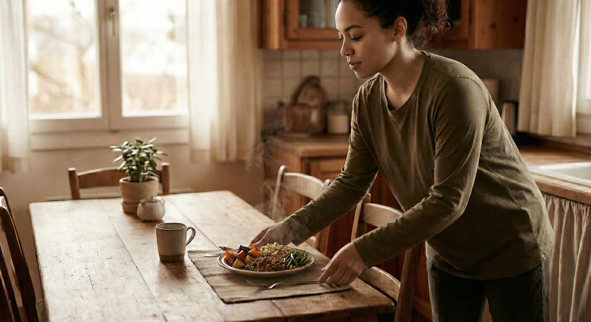 A person placing a plate on the table and pausing with a calm breath