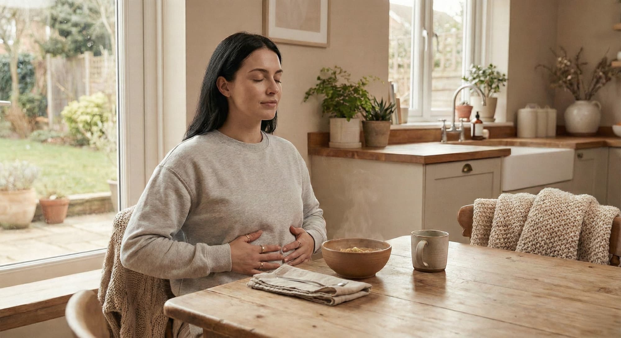 A person sitting calmly at a table before a meal, hands resting, taking a slow breath