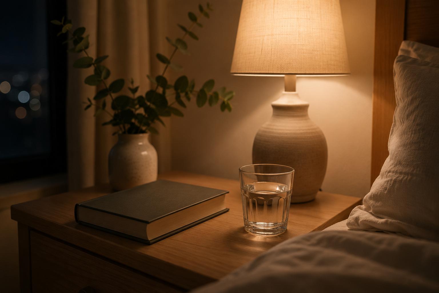 A calm bedside scene with a soft lamp, a book, and a glass of water at night, suggesting a restful wind-down