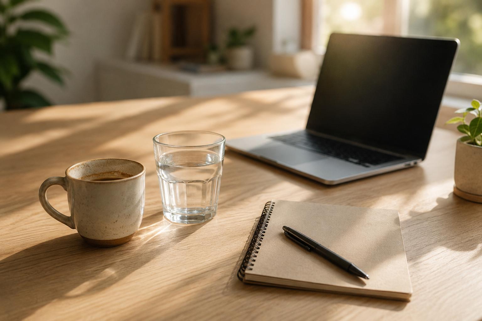Soft mid-afternoon light across a tidy desk with a coffee mug pushed aside and a glass of water nearby