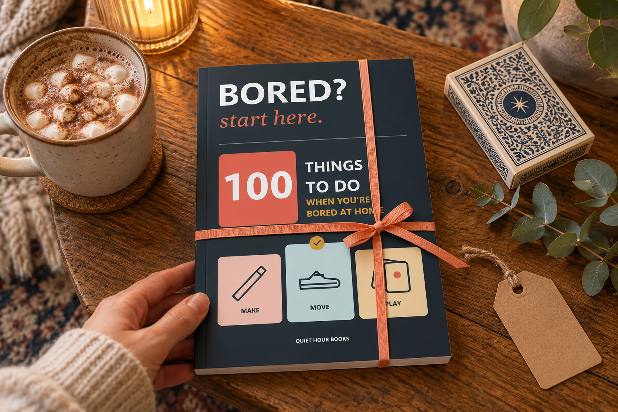 Bored? Start Here tied with a coral ribbon on a wooden table, beside a mug of hot chocolate, a deck of cards and a blank gift tag.