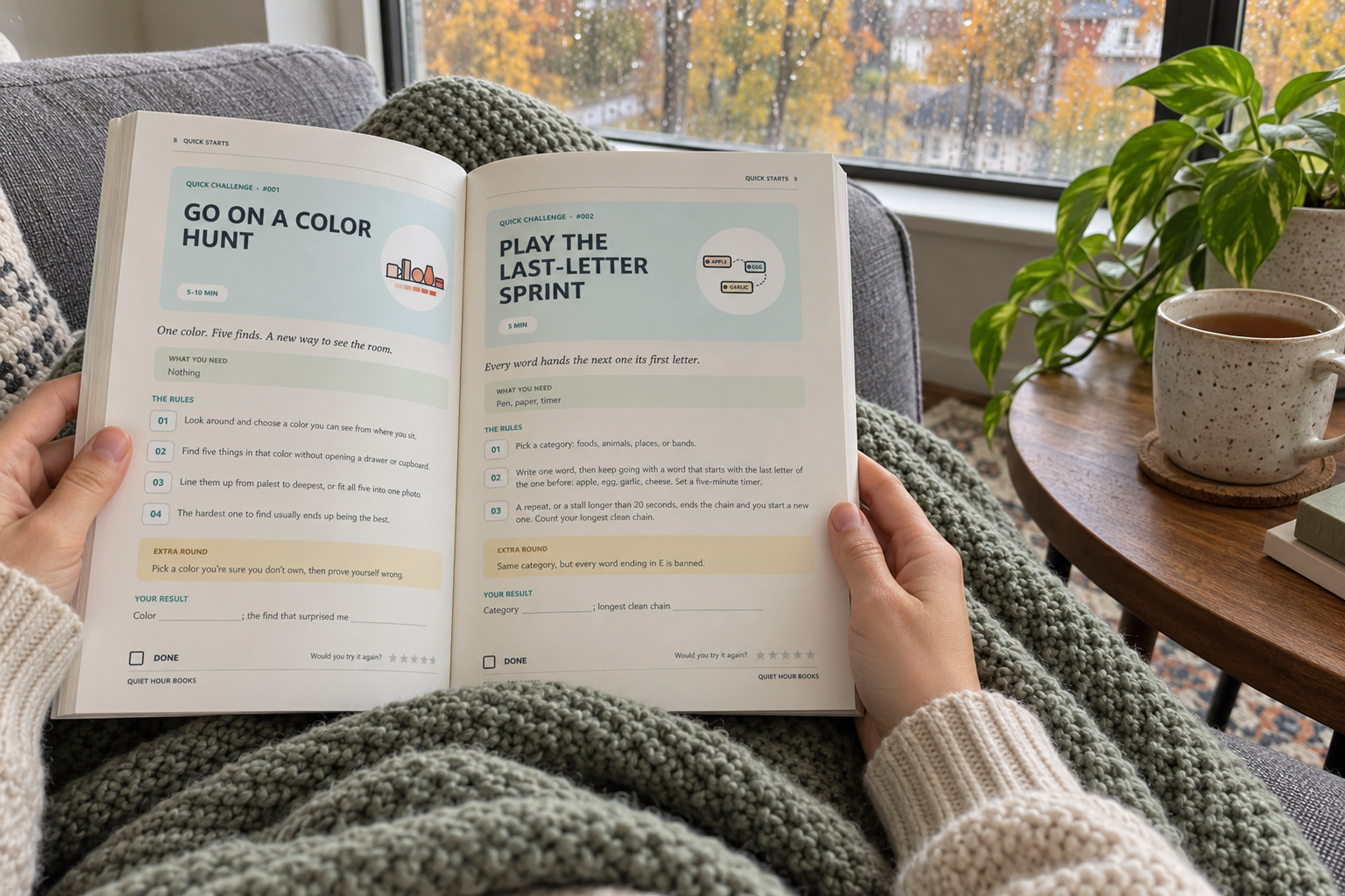 A person on a couch by a rainy window reading Bored? Start Here, open to the Quick Starts pages.
