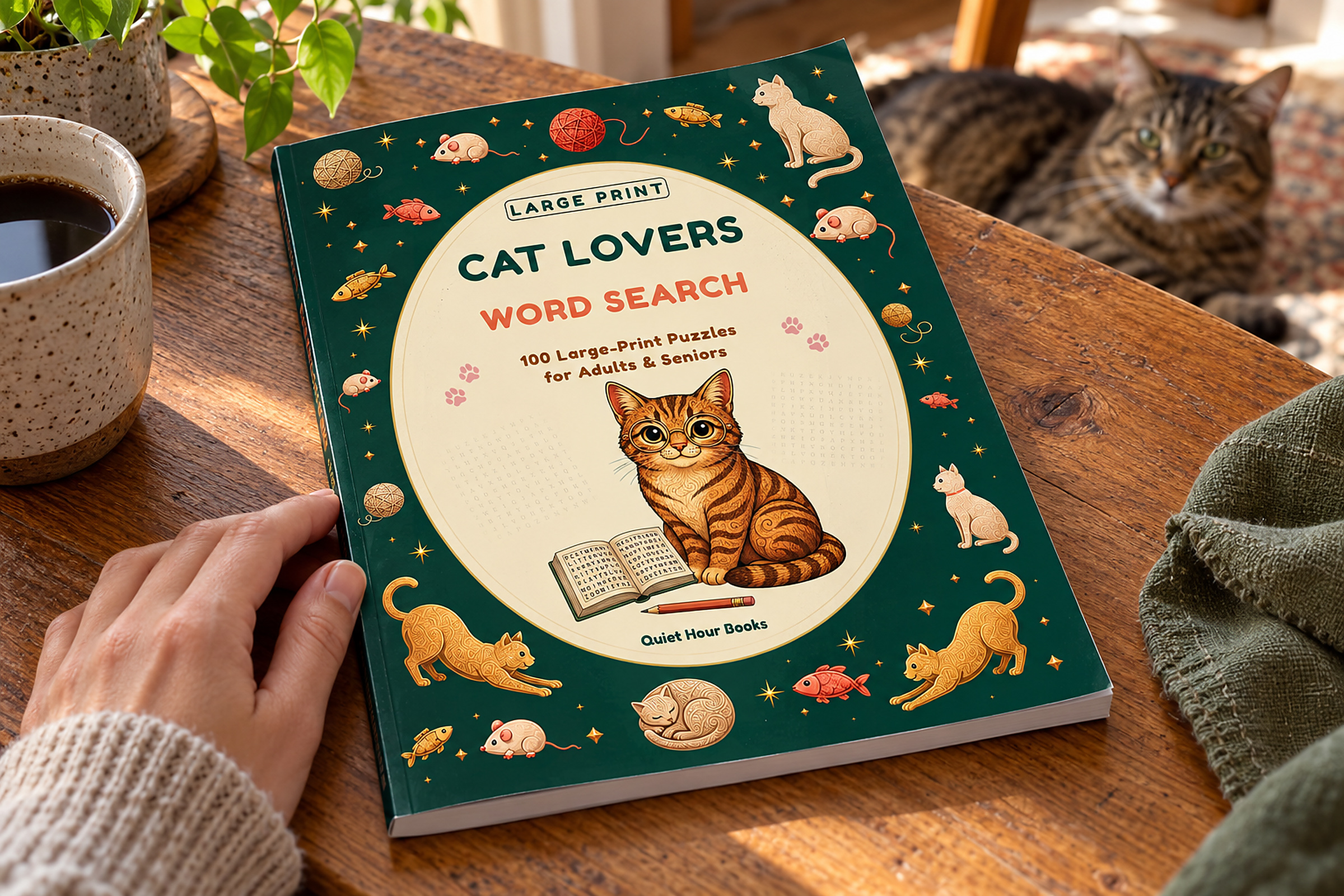 Cat Lovers Word Search resting on a wooden table, with a hand beside it and a tabby cat behind it.