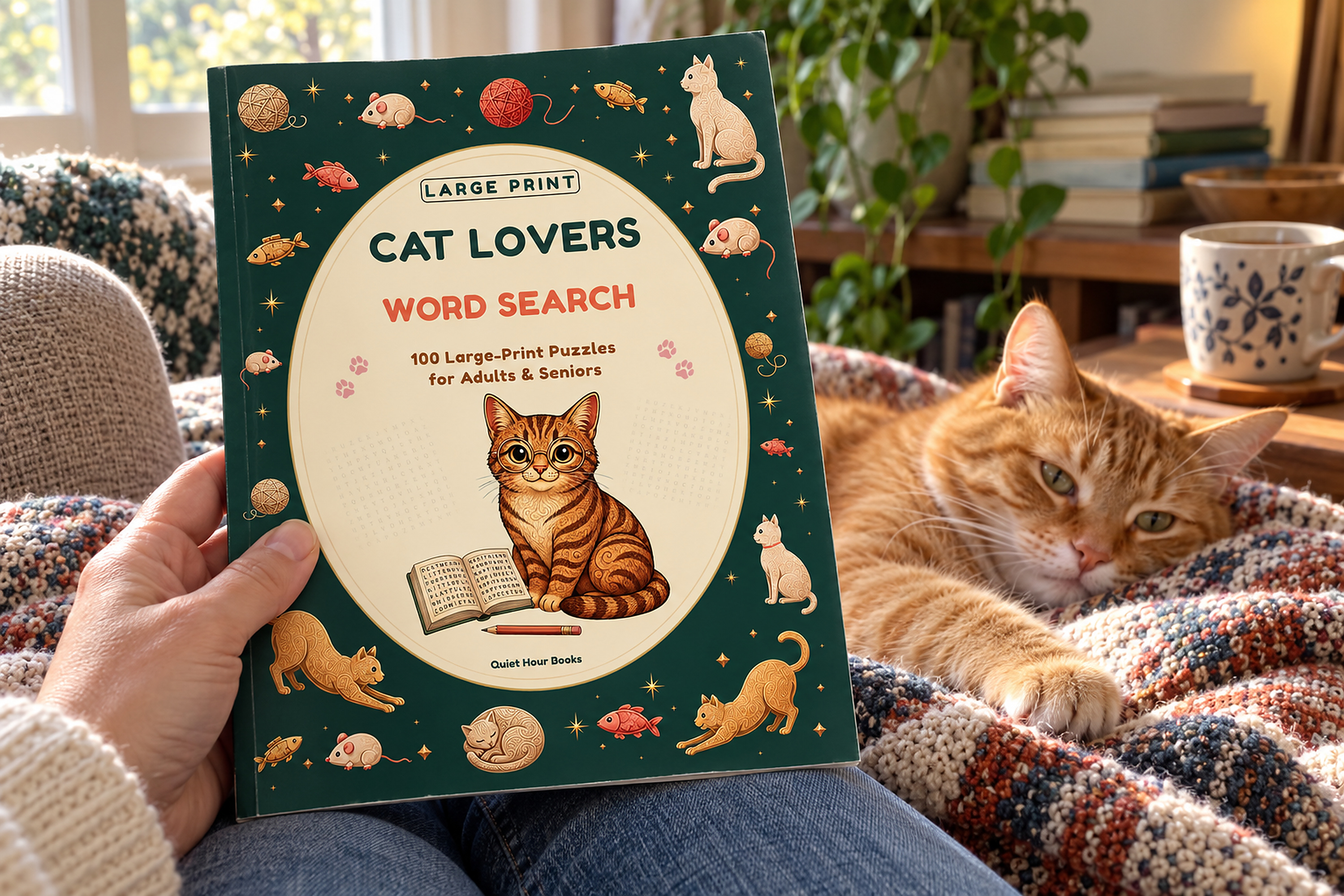 A person holding Cat Lovers Word Search beside a resting ginger cat.