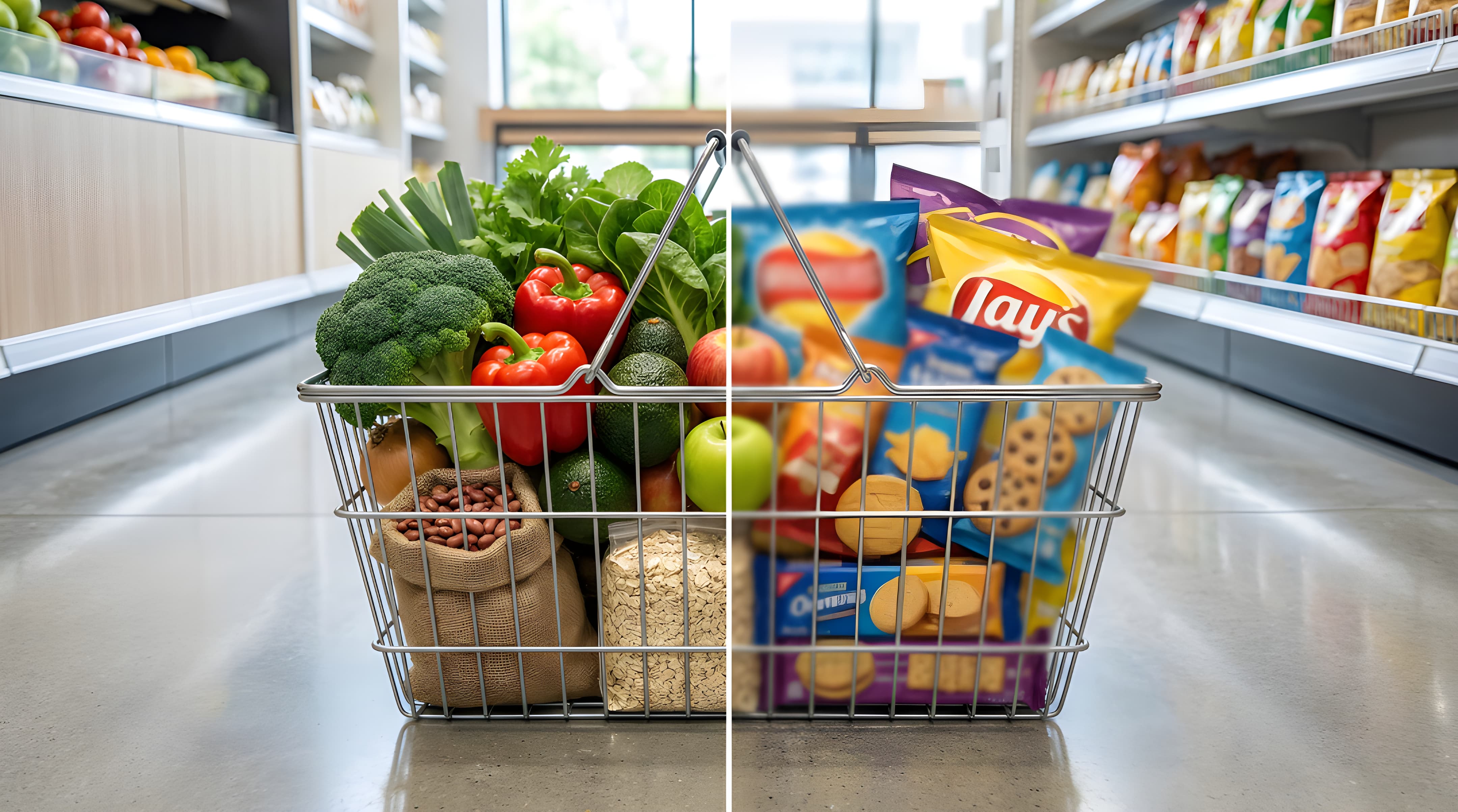 Grocery basket split visually: fresh produce vs packaged snacks
