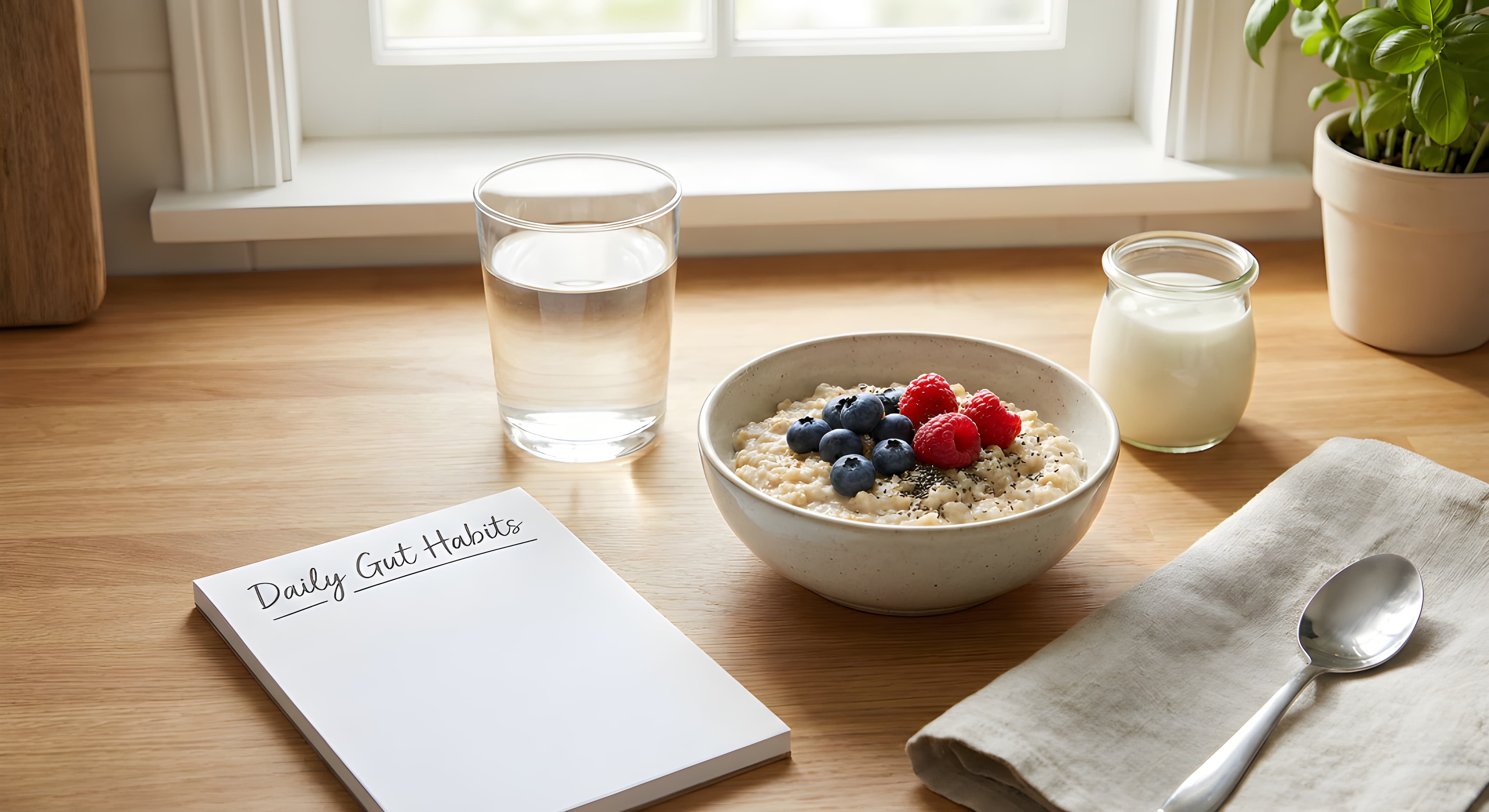 Bright, cozy morning kitchen scene with a glass of water, a bowl of oatmeal, and a small jar of yogurt