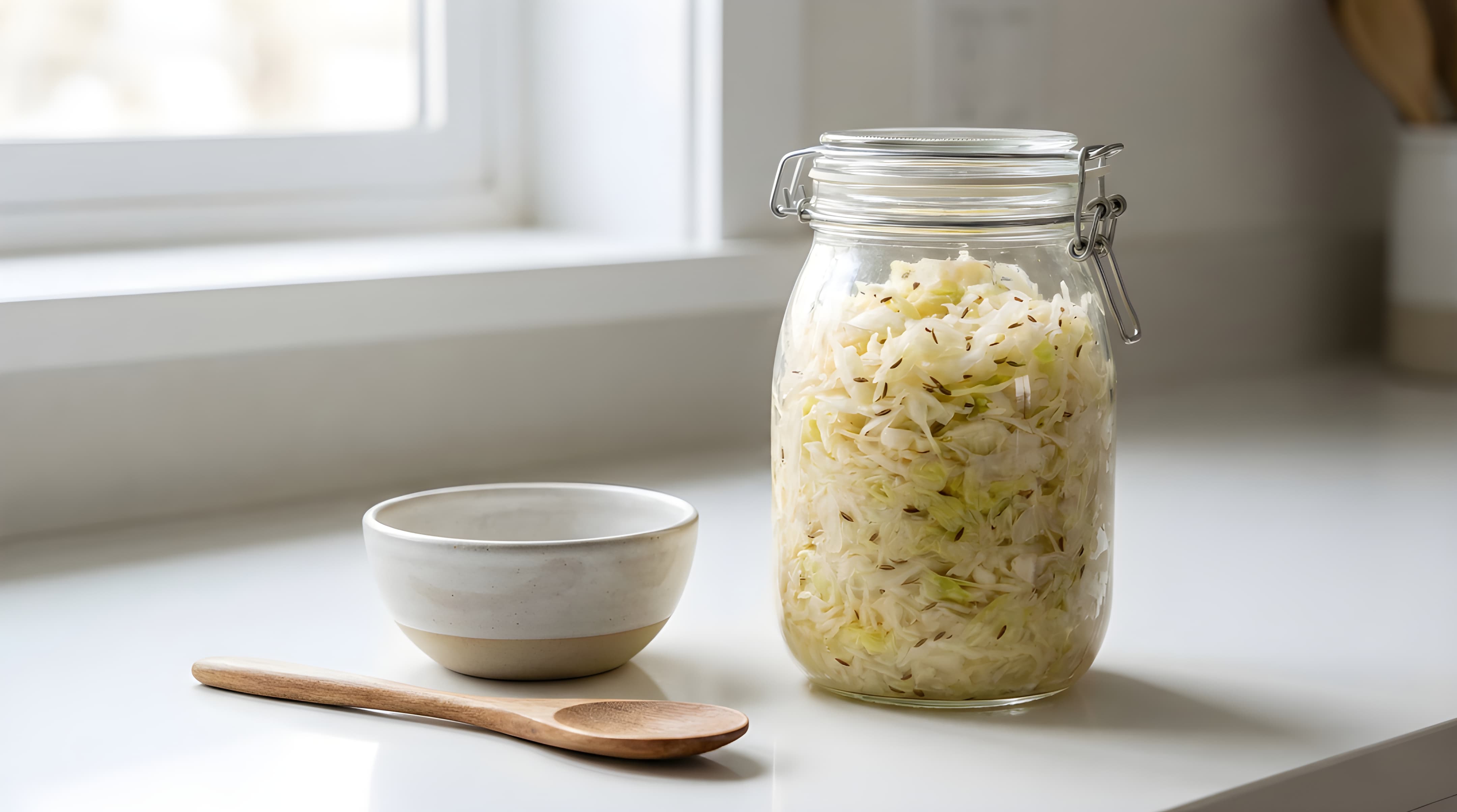 Glass jar of sauerkraut on a clean counter beside a small bowl