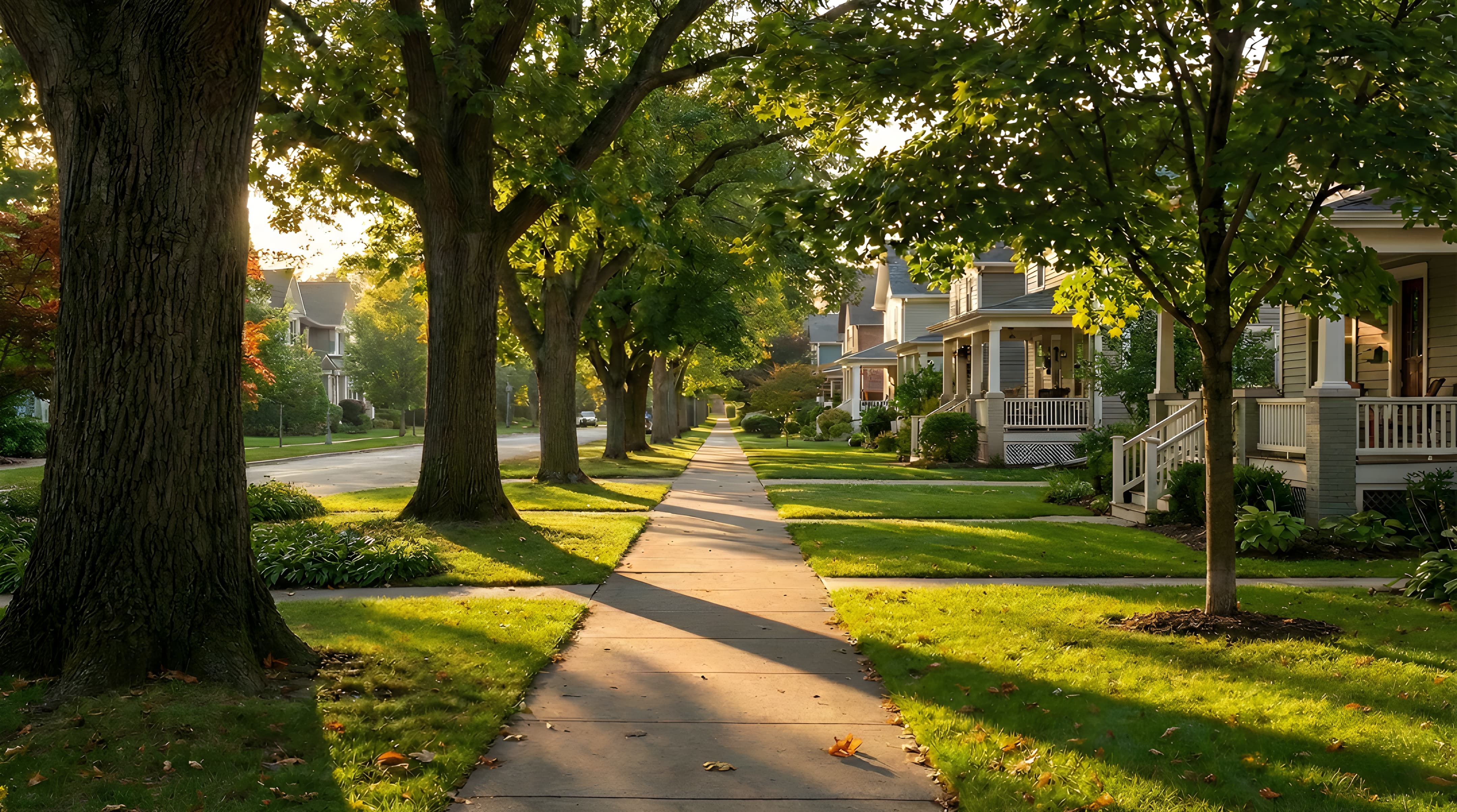Peaceful neighborhood sidewalk at golden hour