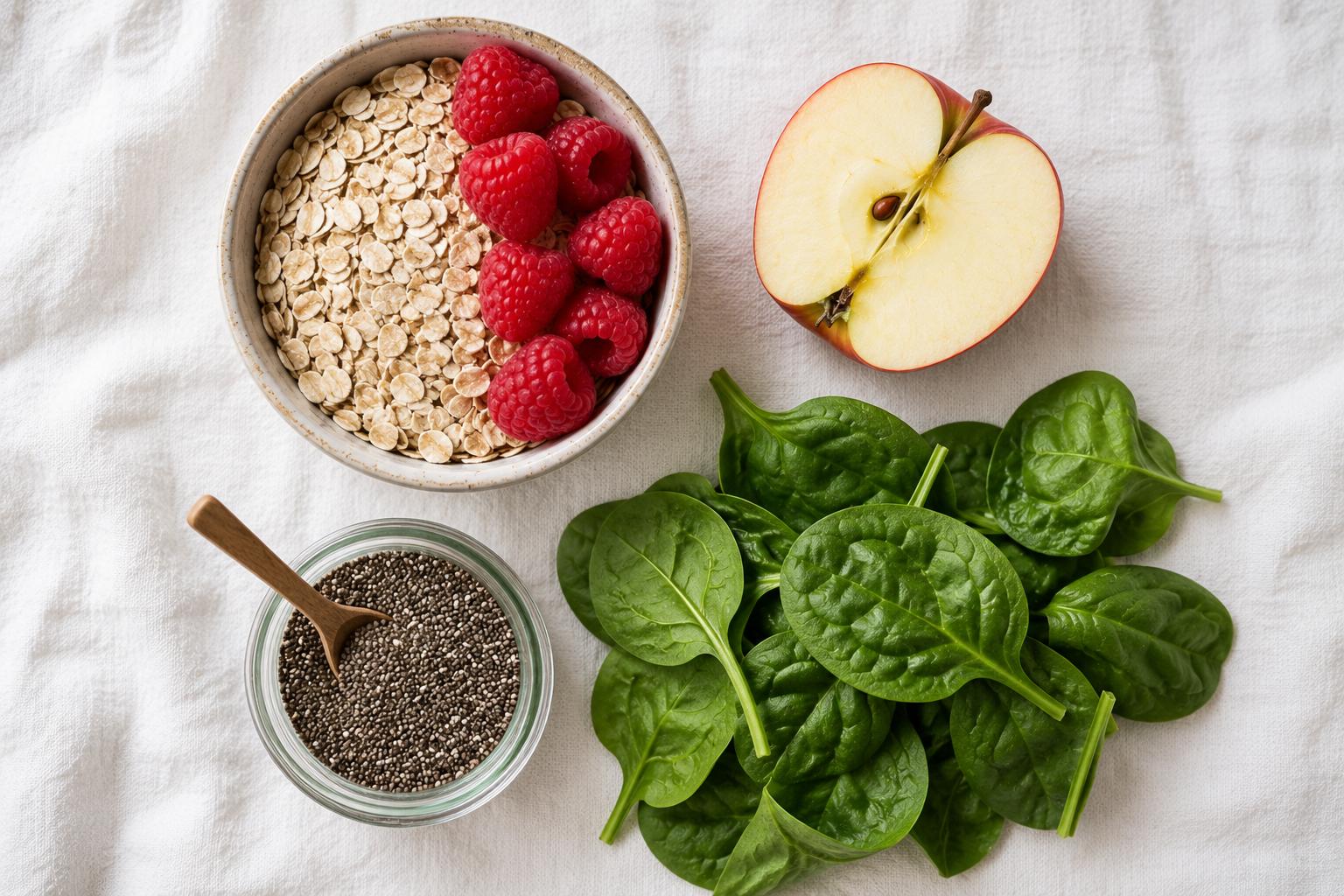 Overhead flat lay of high-fiber foods: rolled oats, halved apple, jar of chia seeds, and fresh spinach on linen