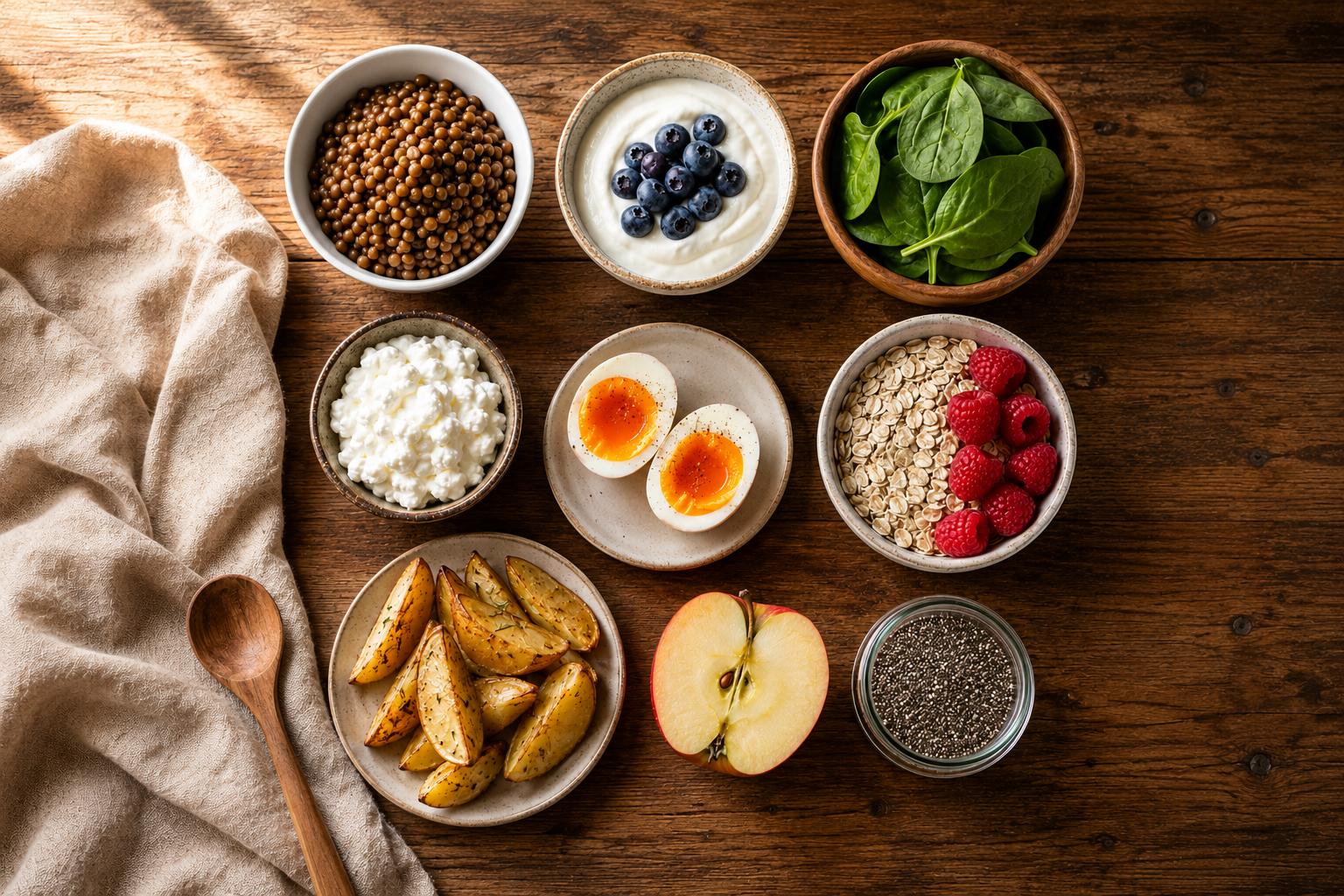 Flat lay of 9 satiety foods including lentils, Greek yogurt, eggs, leafy greens, oats, chia seeds, apples, cottage cheese, and potatoes arranged on a warm wooden surface