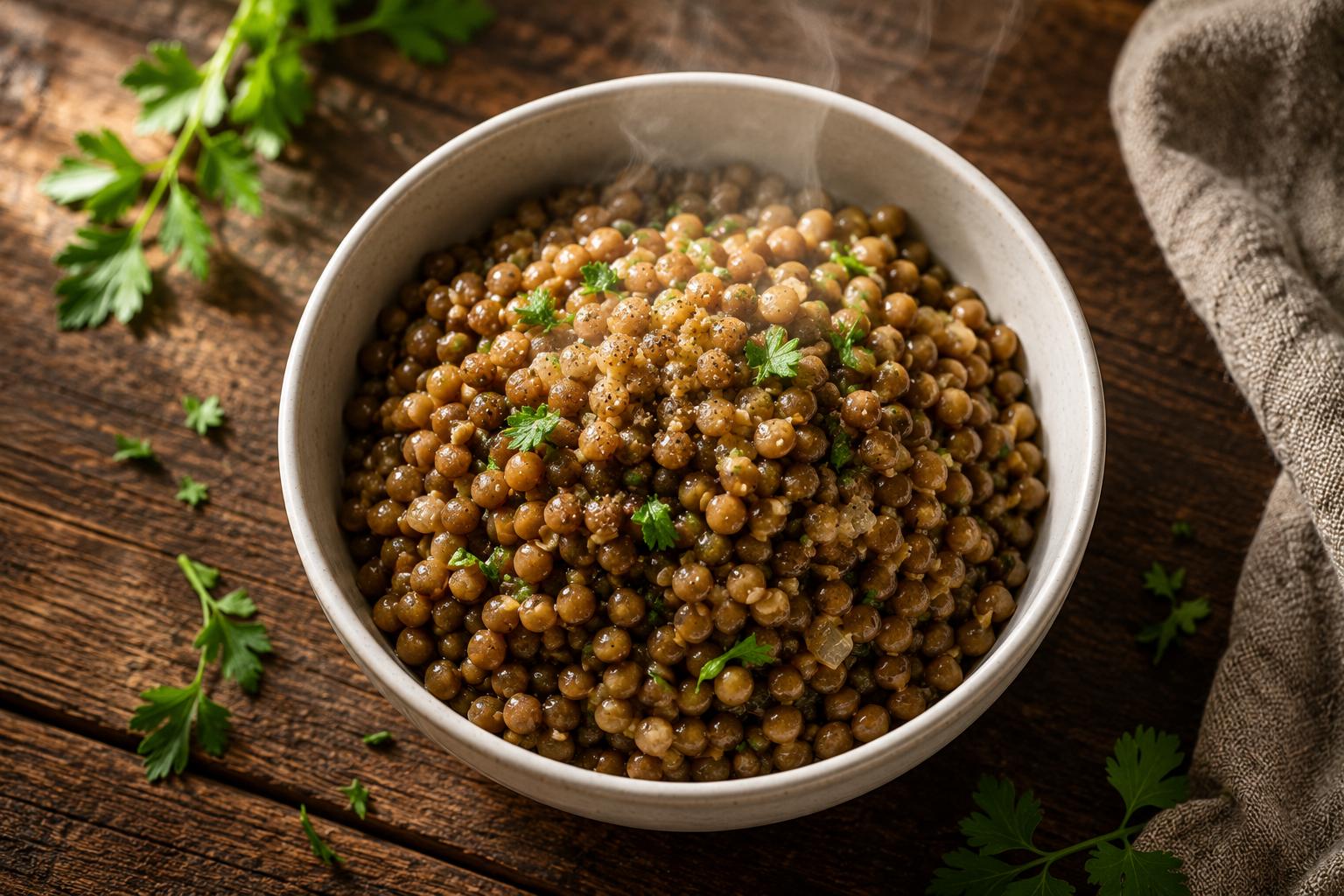 Bowl of cooked green lentils with steam rising on a dark wooden table — one of the most filling high-protein plant foods