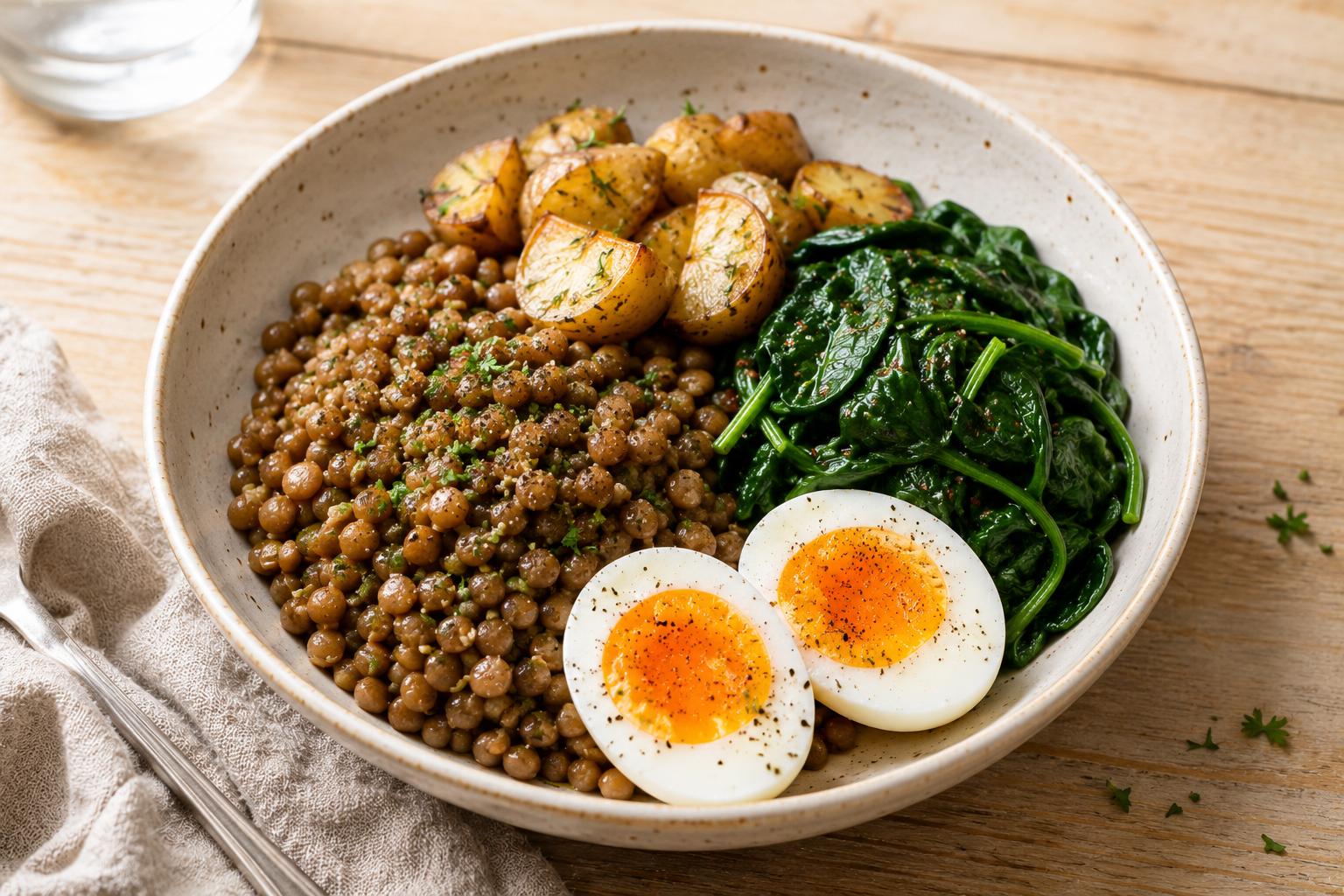 Bowl of lentils, wilted spinach, and halved soft-boiled eggs on a wooden table, a satisfying high-satiety meal