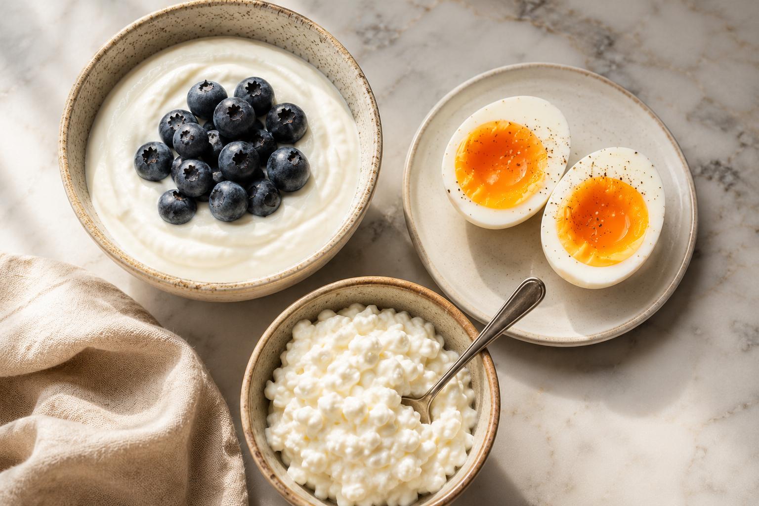 Greek yogurt with blueberries, soft-boiled eggs, and cottage cheese on a marble surface — high-protein satiety foods