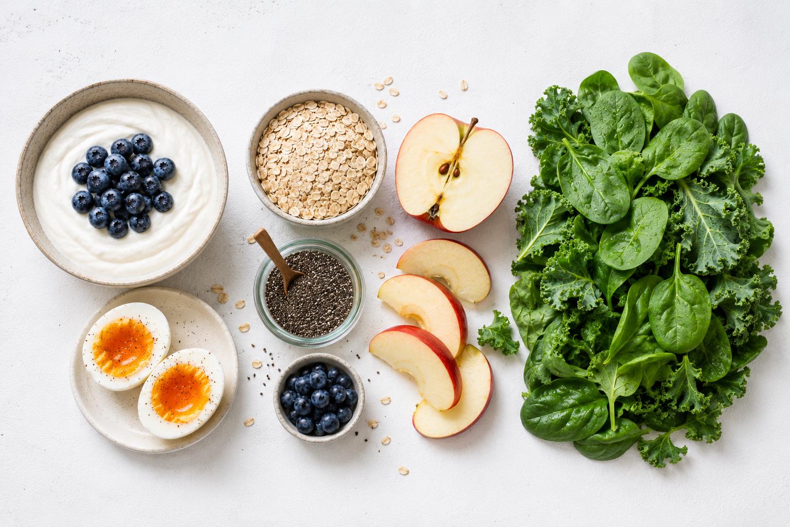 Three groups of satiety foods: protein group with Greek yogurt and eggs, fiber group with oats and chia seeds and apple, volume group with leafy greens