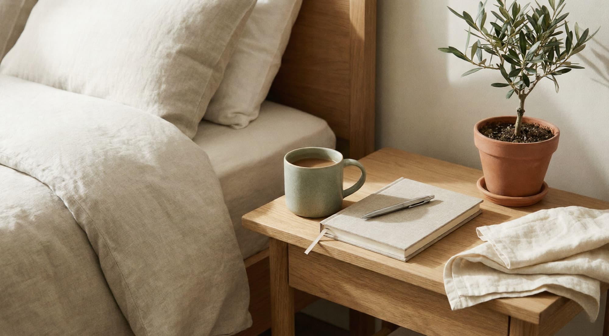 Cozy minimalist wellness scene in soft morning light with a ceramic mug and journal