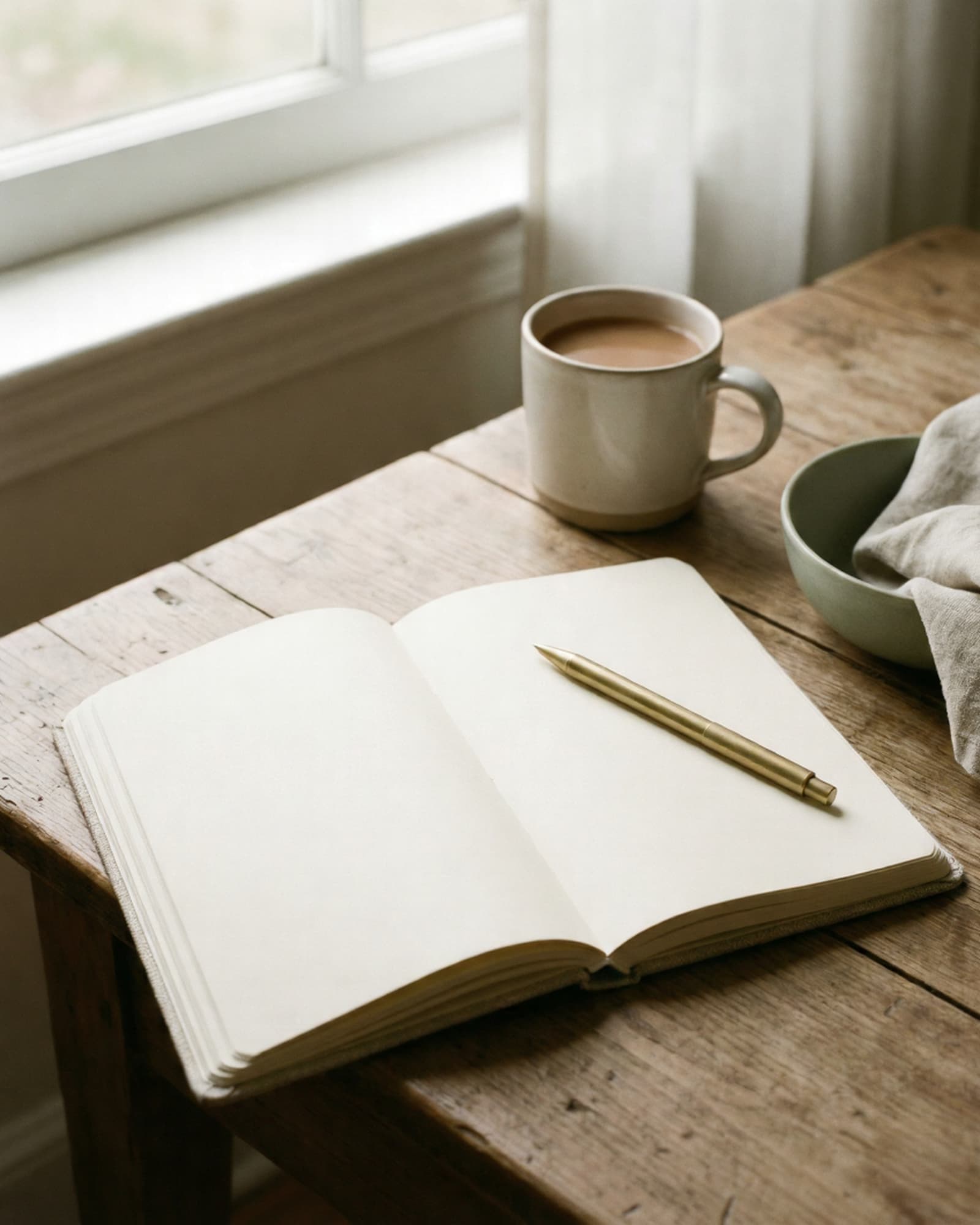 Closeup of a journal with a pen on a wooden table