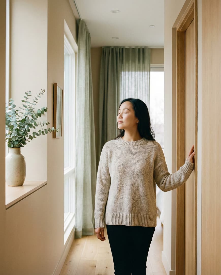 Someone pausing at a doorway with eyes closed taking a breath