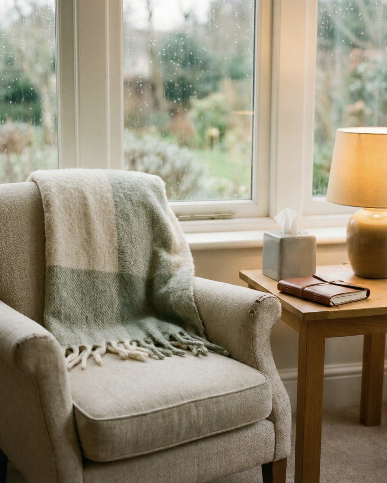 Comforting scene with a cozy chair by a window and warm lamp glow