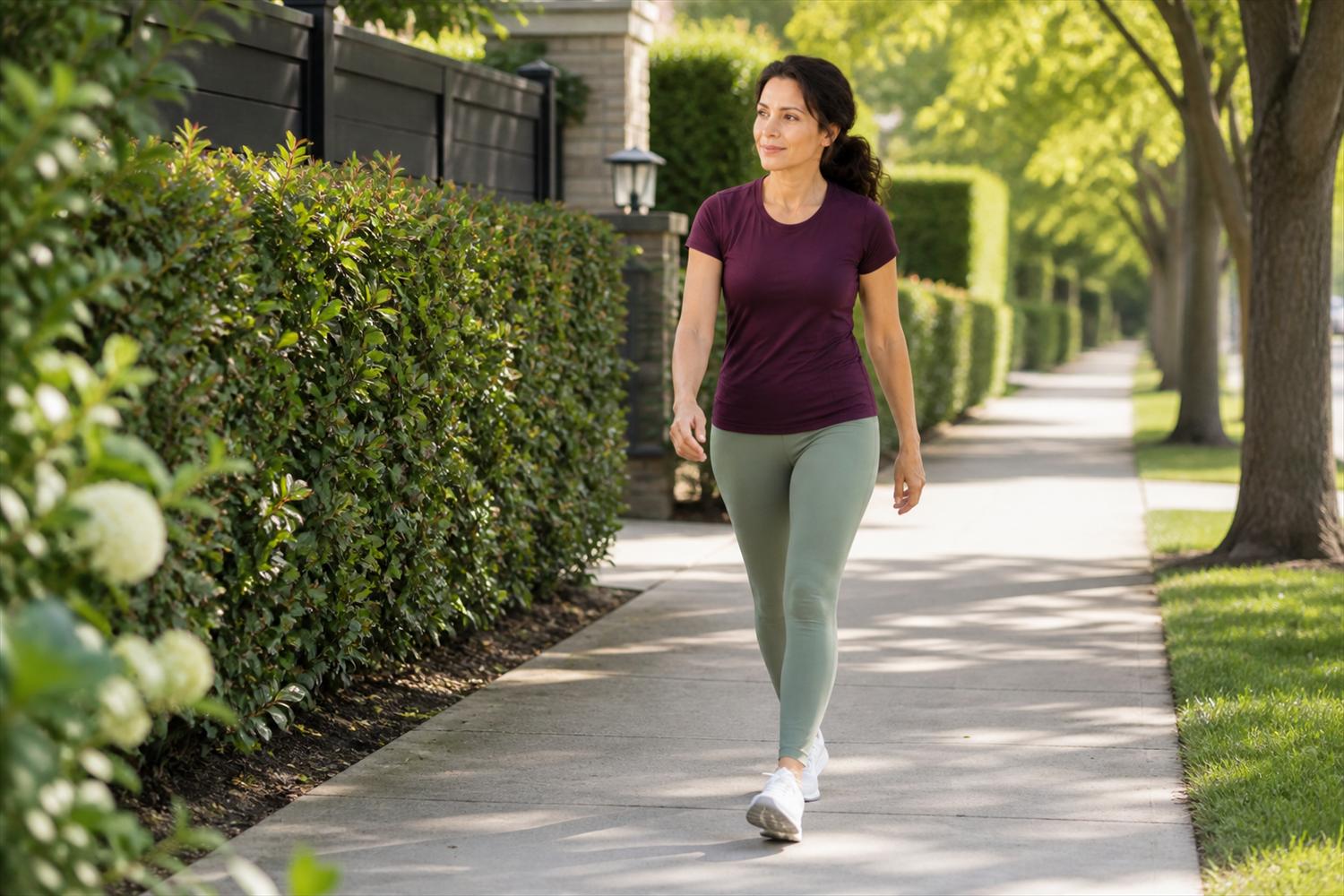 Woman taking a brisk walk along a tree lined path in the morning.