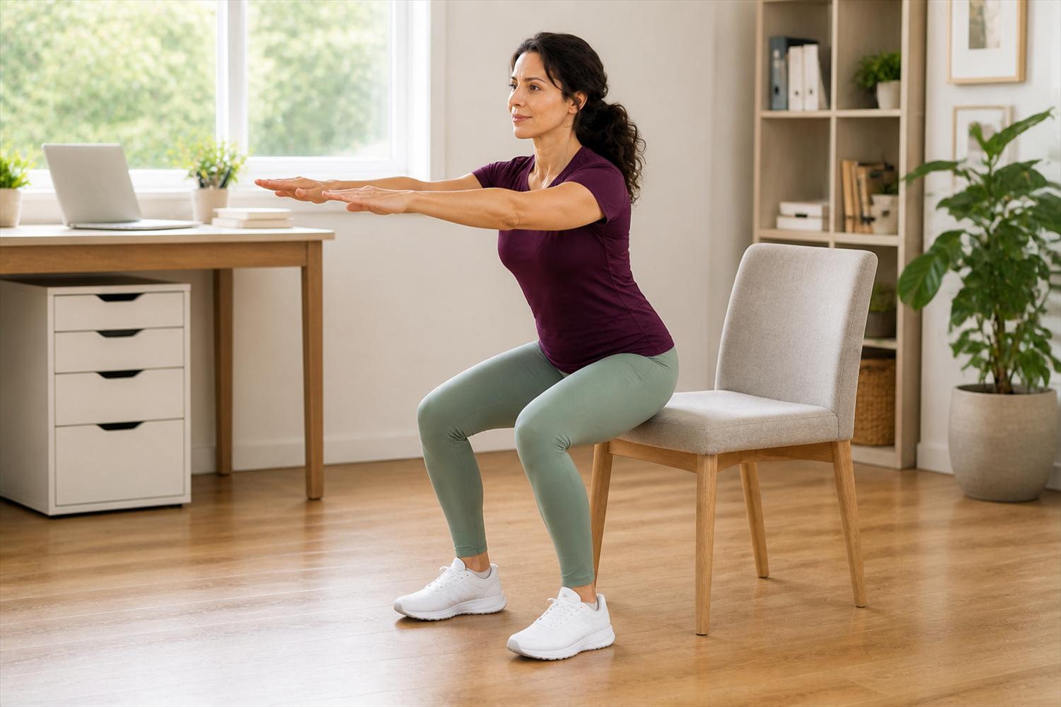 Woman performing a controlled chair squat with a stable chair behind her.