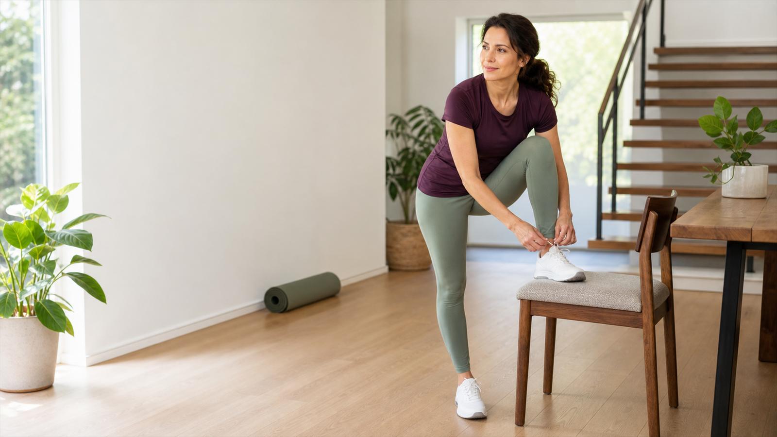 Woman preparing for a short workout beside a chair, exercise mat and staircase in a bright living room.