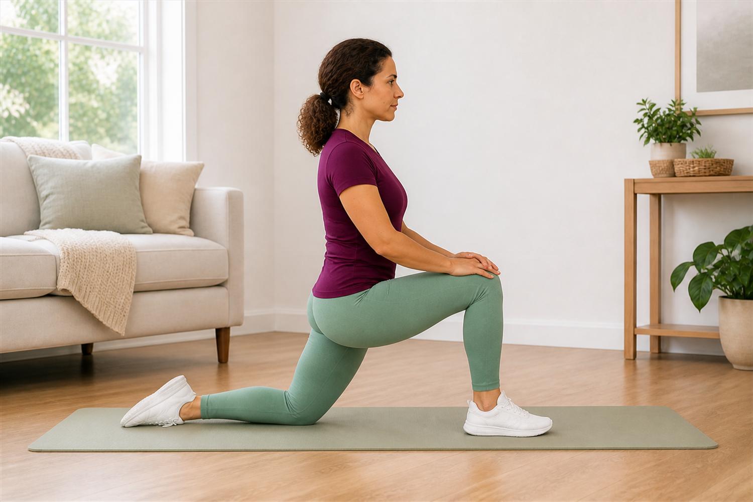 Woman performing a half kneeling hip flexor stretch on an exercise mat.