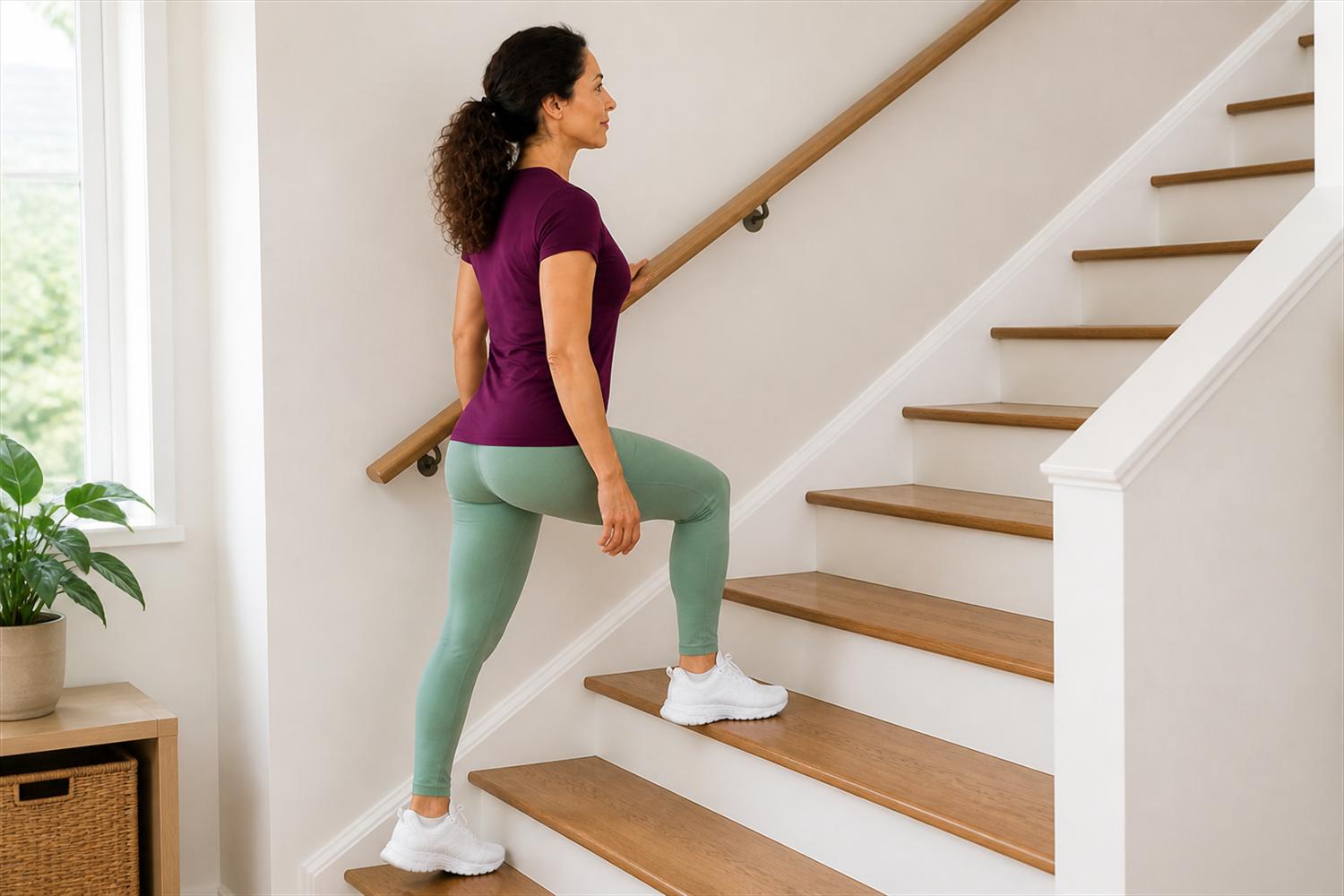 Woman climbing an indoor staircase with a handrail beside her.