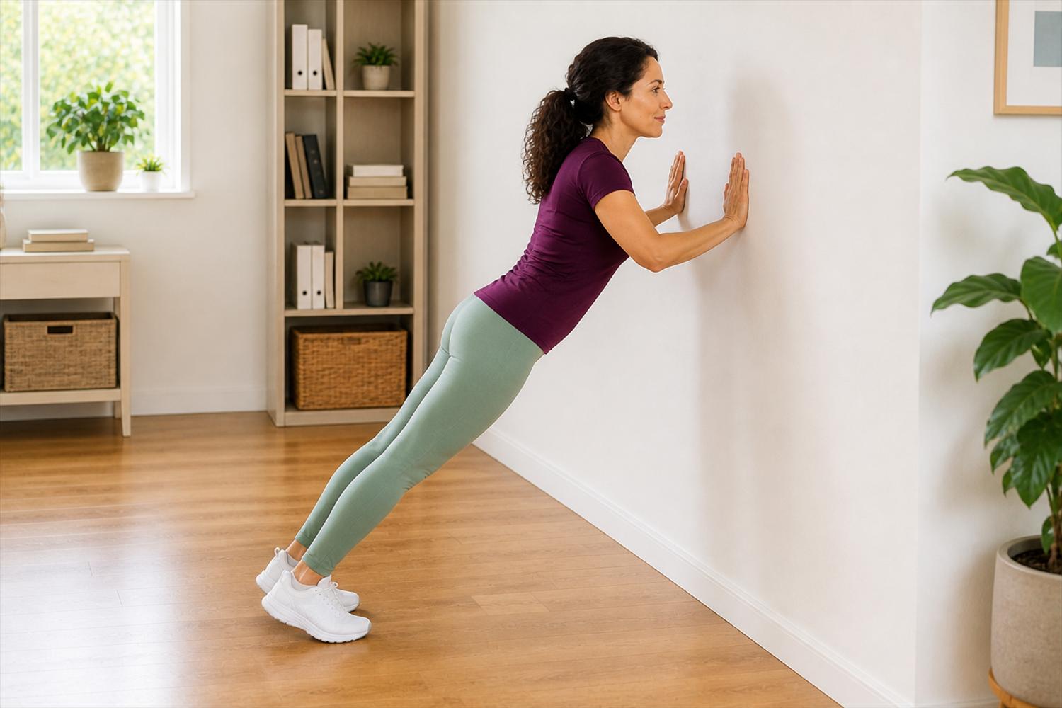 Woman performing a beginner wall push up with her body held in a straight line.
