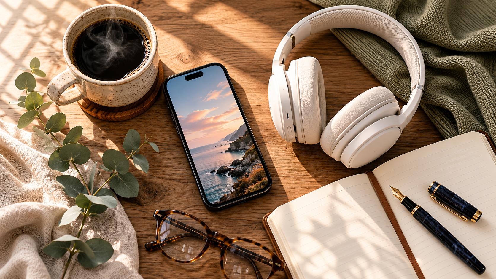 The Genius Wave digital audio package, CD, smartphone showing the audio player, and over-ear headphones arranged on a soft cream background
