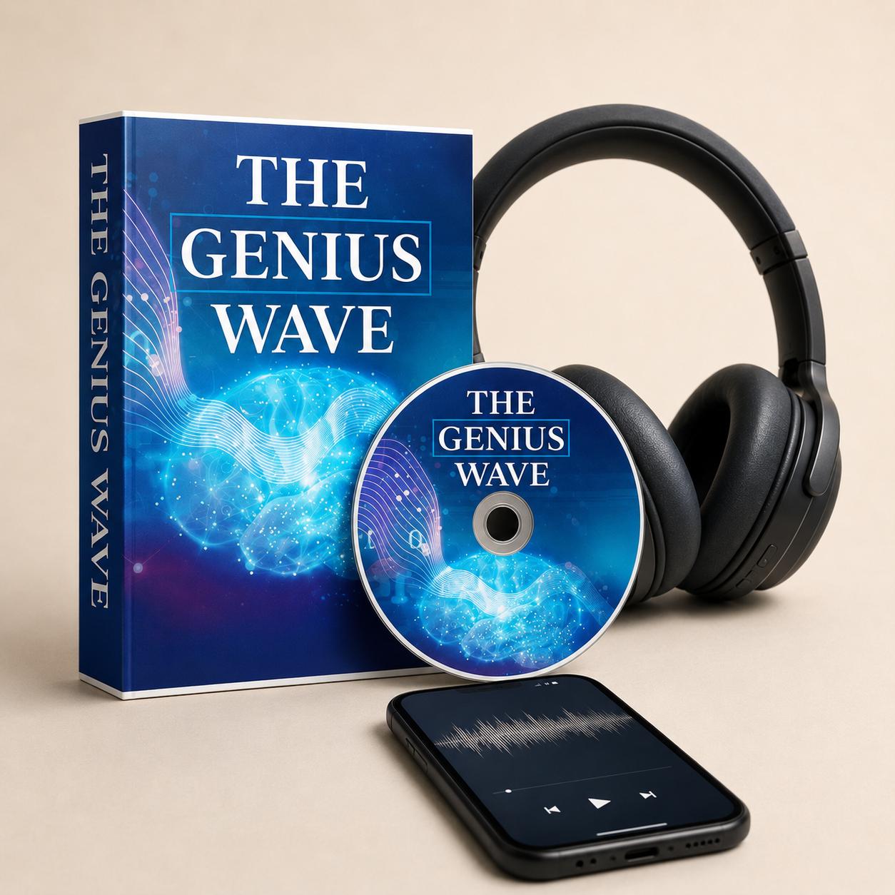 The Genius Wave audio program — book-style package, CD, and digital access shown with headphones and smartphone