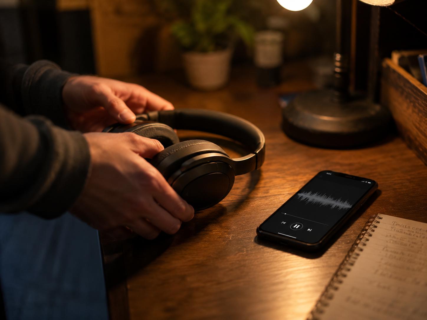 Over-ear headphones and a smartphone displaying an audio waveform — the simple setup for The Genius Wave 7-minute ritual