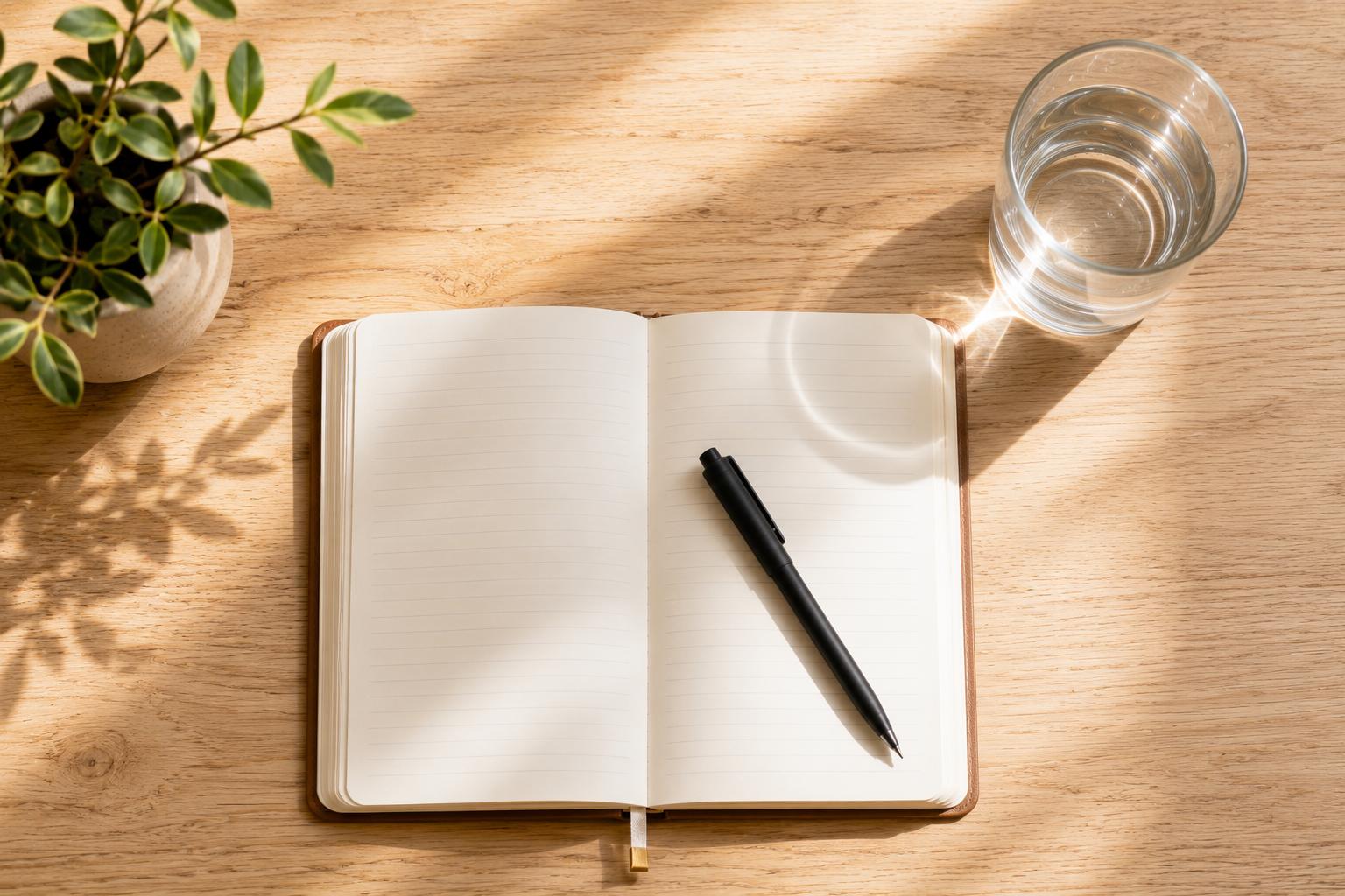 Open notebook and pen on a light wooden surface in soft morning light, ready for a quick morning check-in