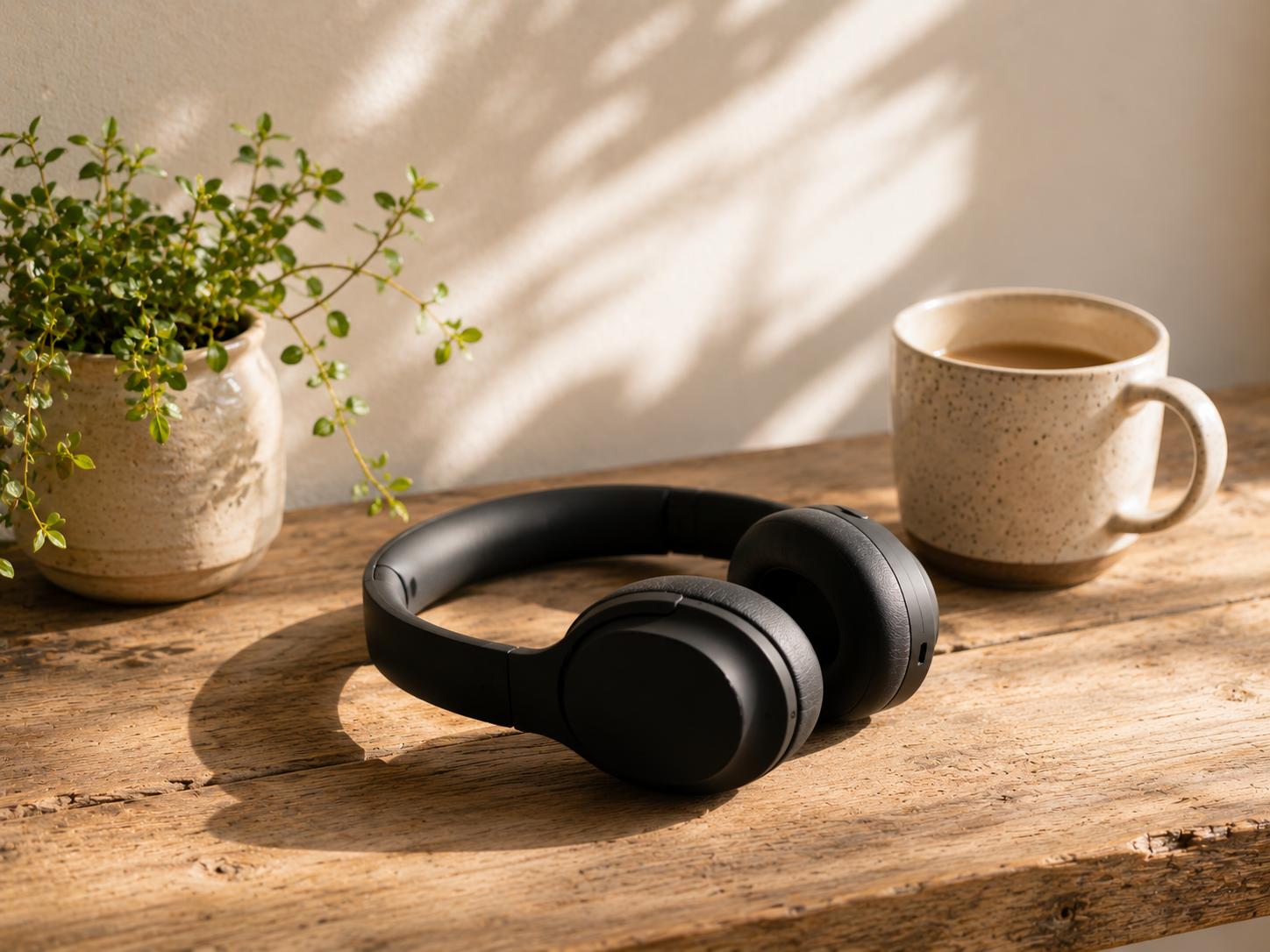Over-ear headphones resting on a minimal wooden surface beside a small plant and a ceramic mug
