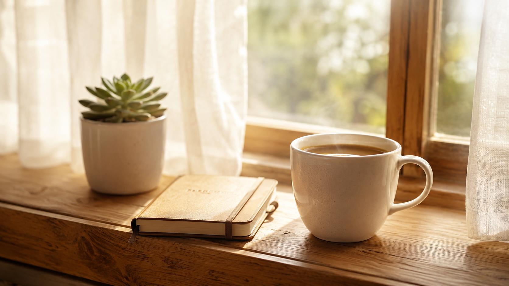 Bright, calm morning scene with a ceramic mug on a sunlit windowsill and a soft journal nearby