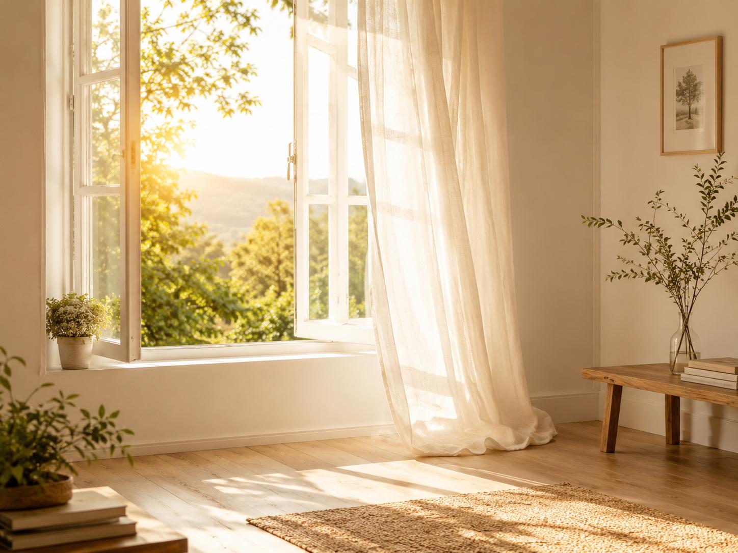 Warm morning sunlight streaming through an open window into a bright, minimal room