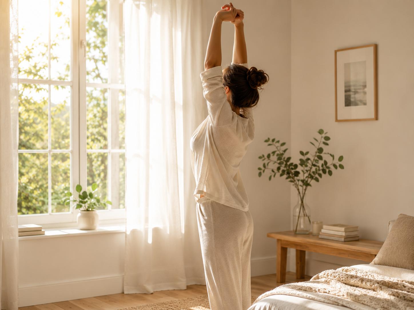 A person stretching gently near a bright window in a light, minimal living space in the morning