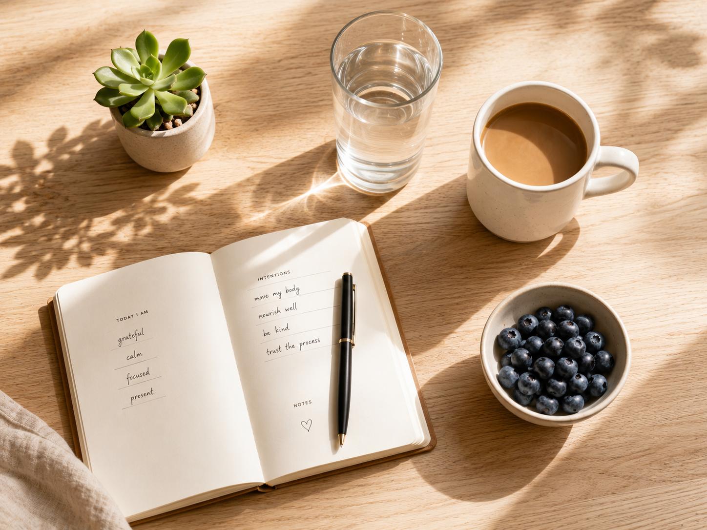 Overhead flat lay of a morning ritual arrangement: a journal, a glass of water, a coffee mug, a small fruit bowl, and a plant