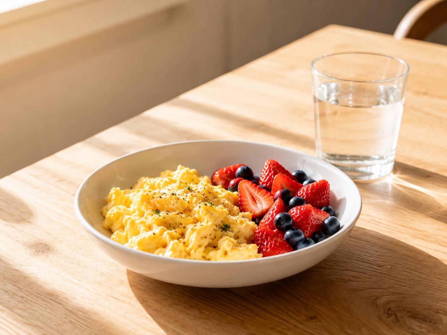 A simple, satisfying breakfast bowl with eggs and fresh berries on a warm wooden surface