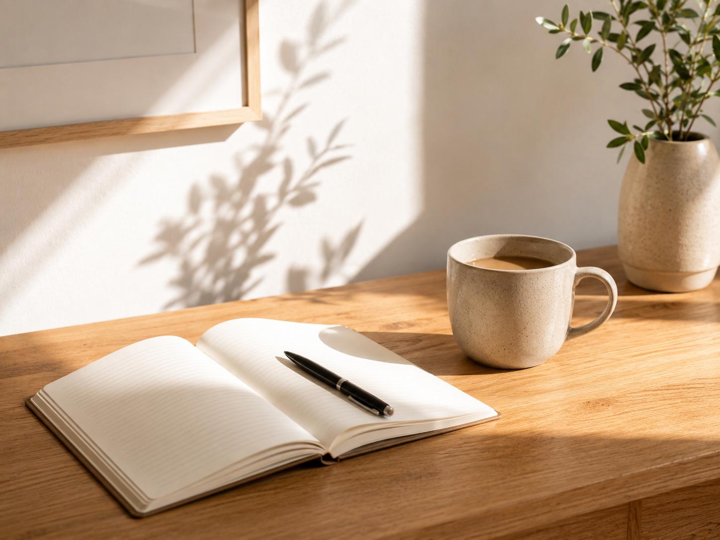 A minimal desk with an open notebook, a pen, and a small ceramic mug in soft morning light — no screens