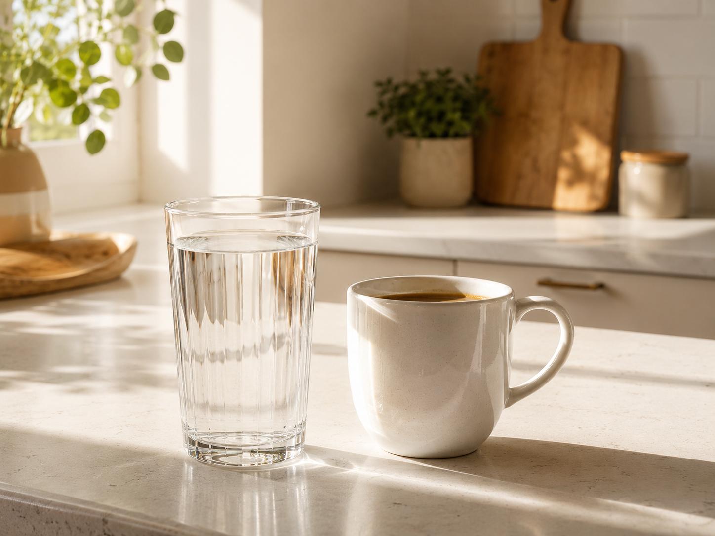 A clear glass of water beside a white ceramic coffee mug on a light kitchen counter in morning light