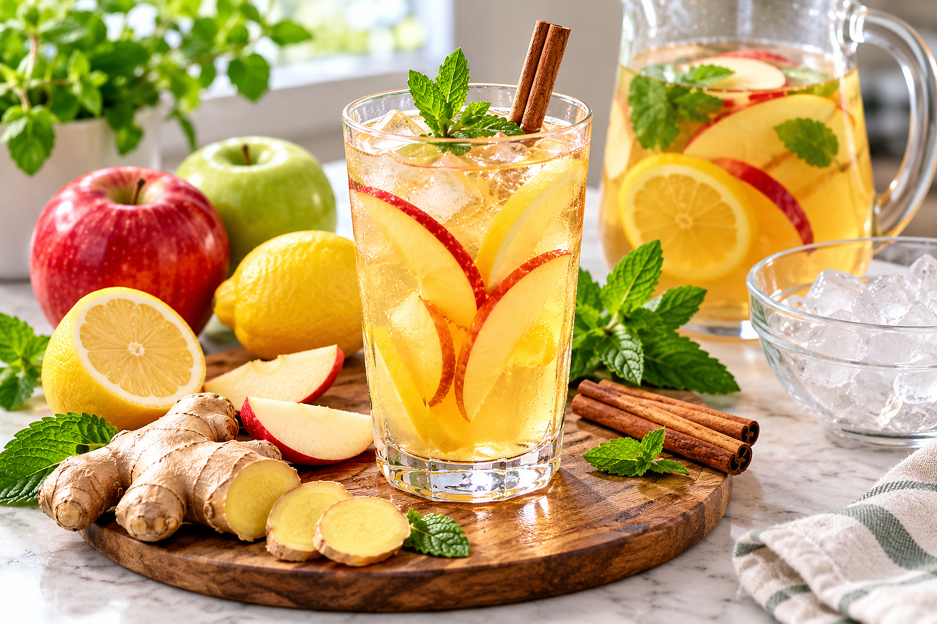 A tall glass of iced apple ginger lemon drink with apple slices, lemon, fresh mint and a cinnamon stick, beside a pitcher, whole apples, a halved lemon and fresh ginger root