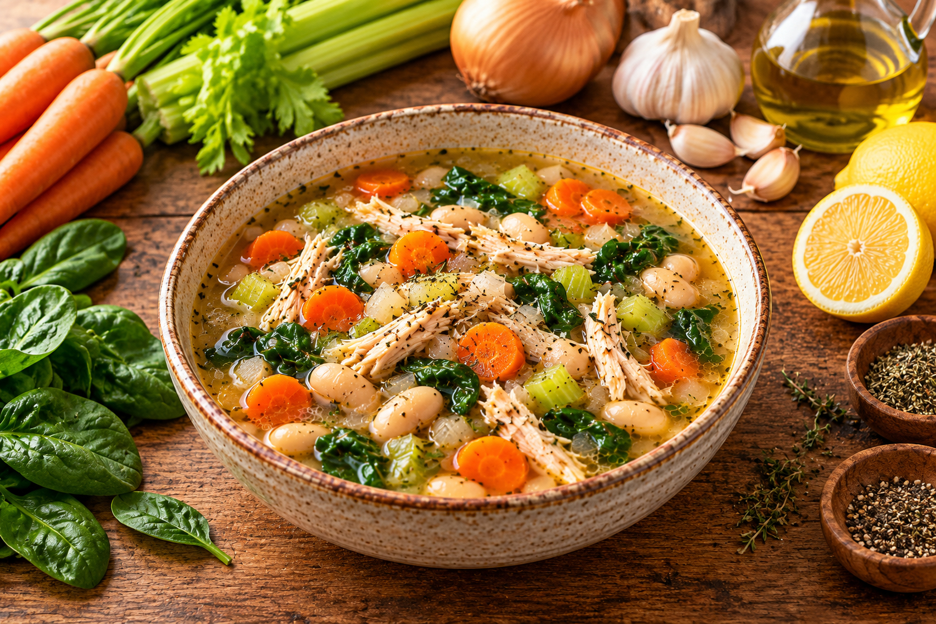 A bowl of chicken white bean soup with shredded chicken, white beans, carrot slices, celery and wilted spinach, surrounded by carrots, celery, onion, garlic, olive oil, lemon and spinach
