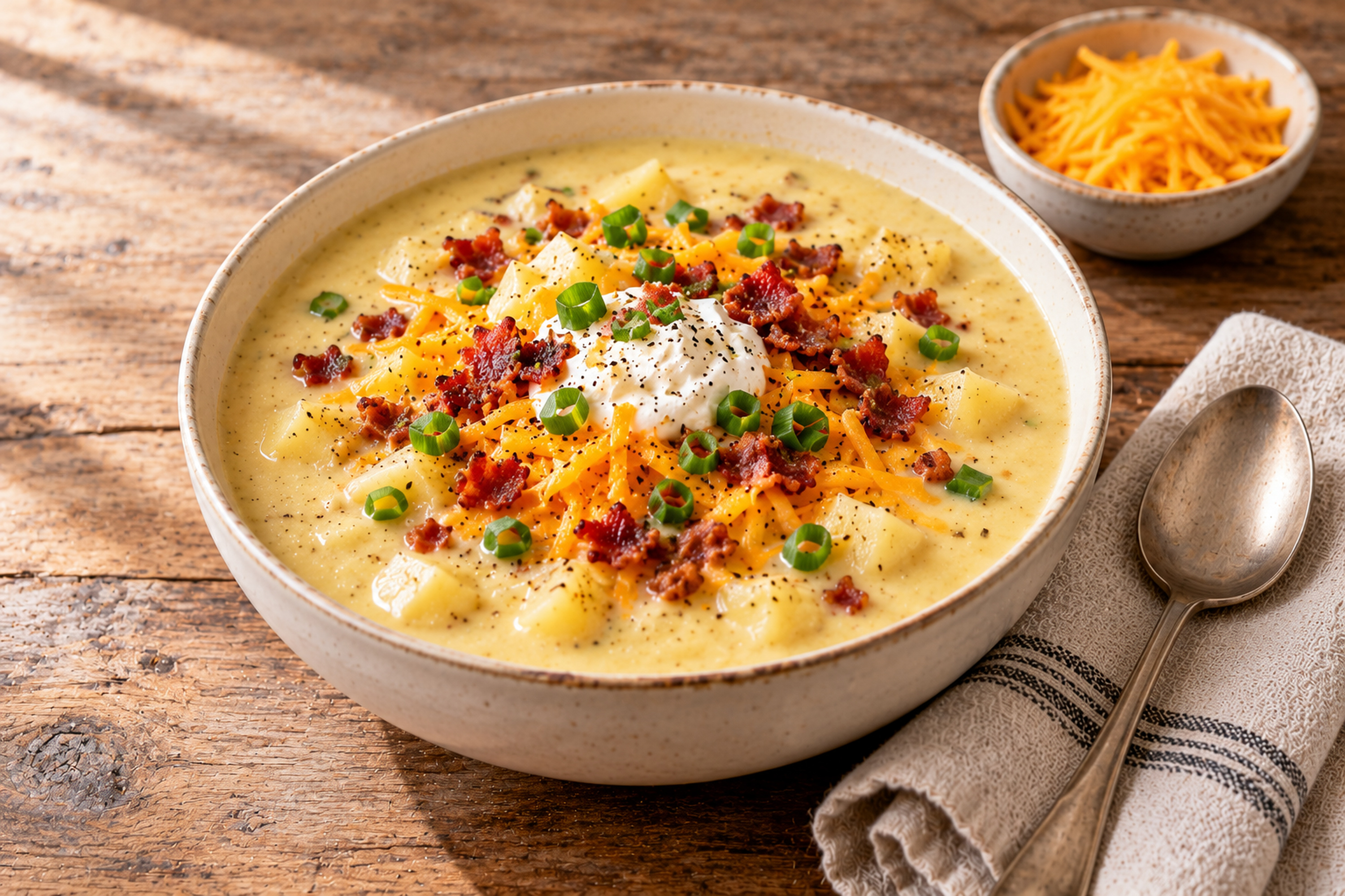 A bowl of creamy potato soup topped with sour cream, shredded cheddar, crumbled bacon and sliced green onions