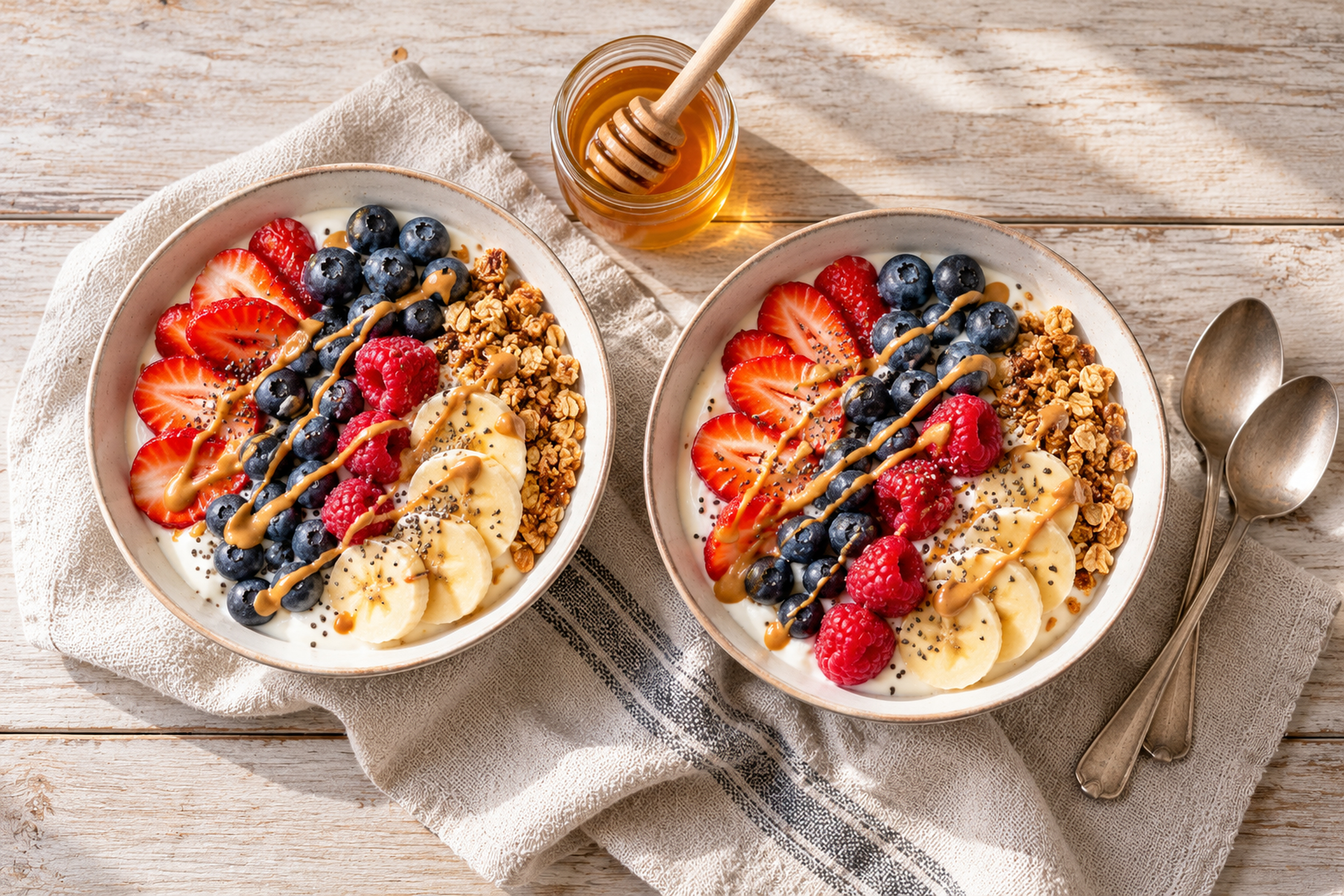 Two bowls of thick Greek yogurt topped with strawberries, blueberries, raspberries, sliced banana, granola, chia seeds and a drizzle of peanut butter, beside a jar of honey
