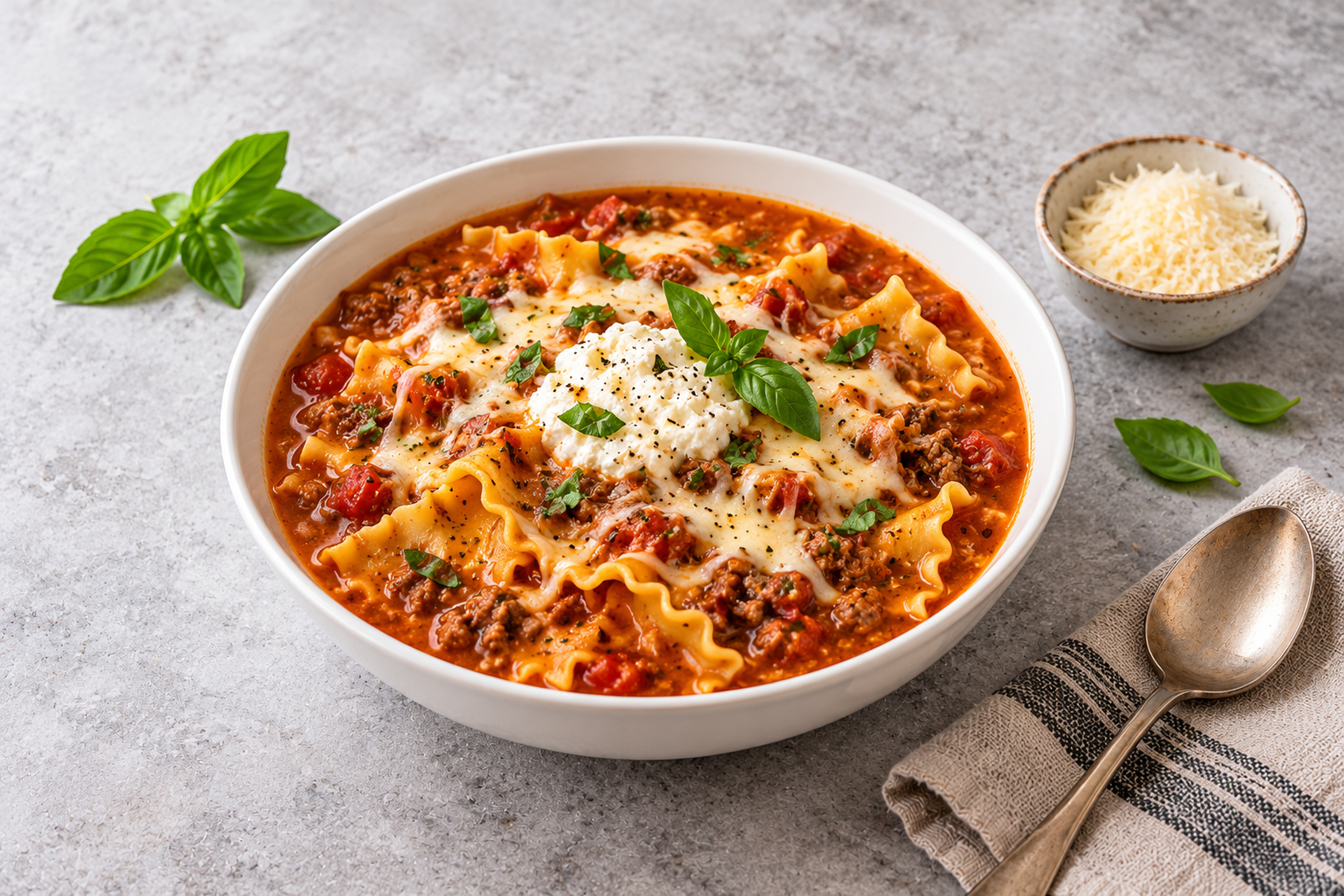 A bowl of tomato lasagna soup with ruffled noodles and ground beef, topped with melted mozzarella, a spoonful of ricotta and fresh basil, beside a small bowl of grated Parmesan