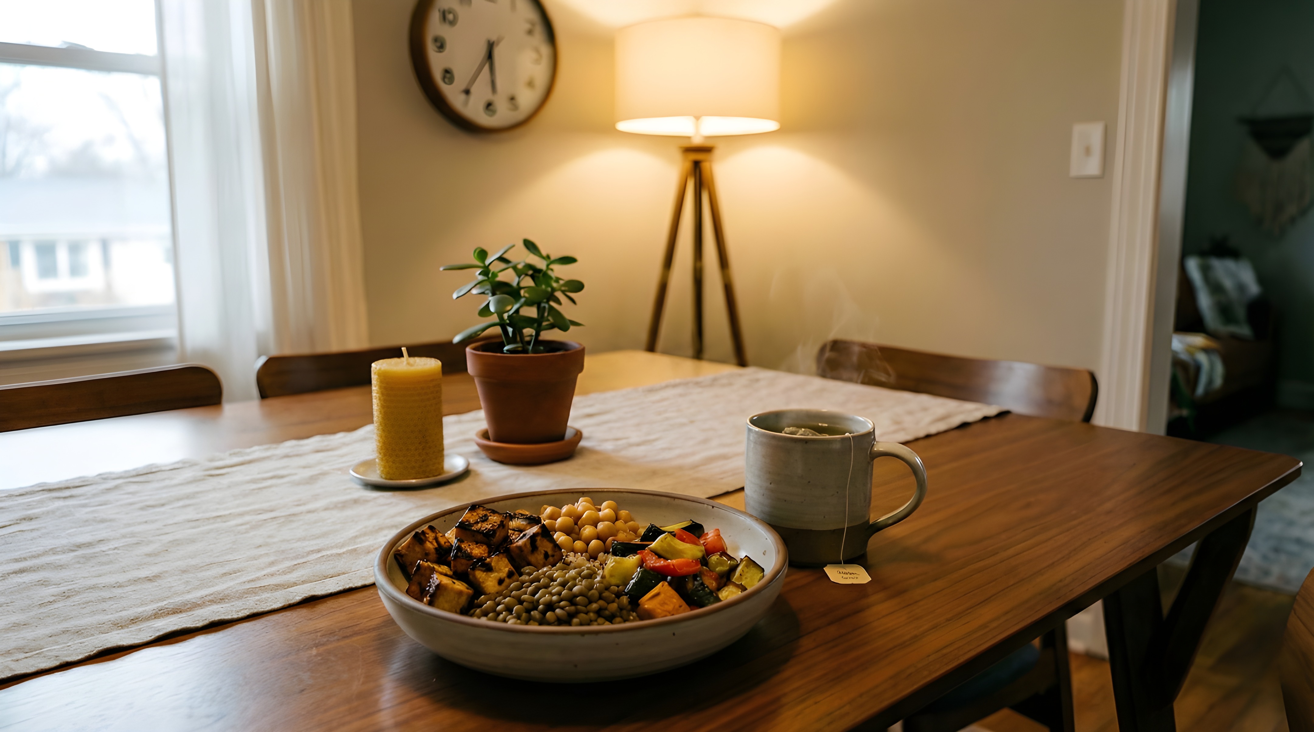 Cozy early dinner with herbal tea in warm light to support better sleep timing