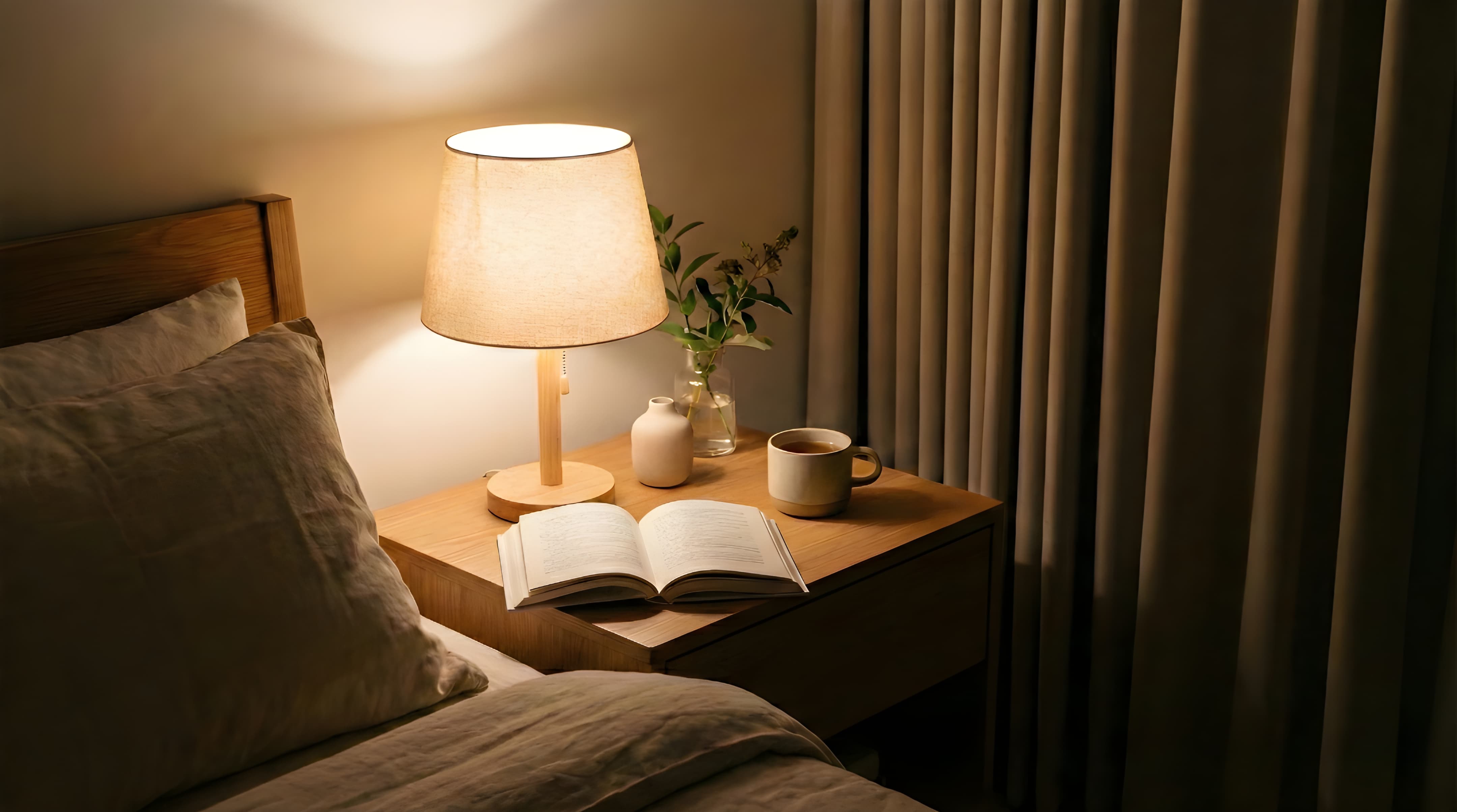 Warm, cozy bedroom nightstand with soft lamp glow for the Sleep Reset guide