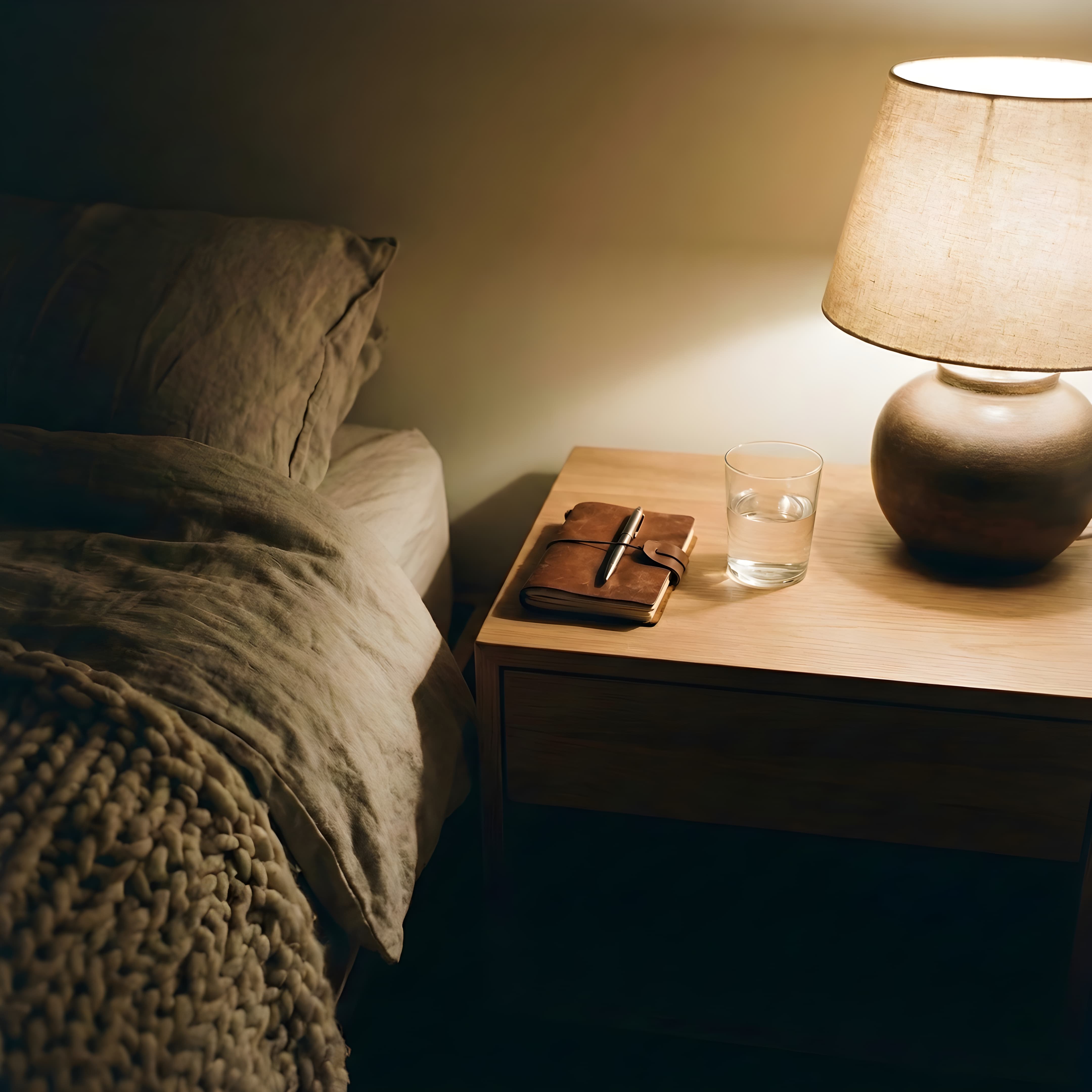 Notebook on a nightstand for a quick brain dump before bed