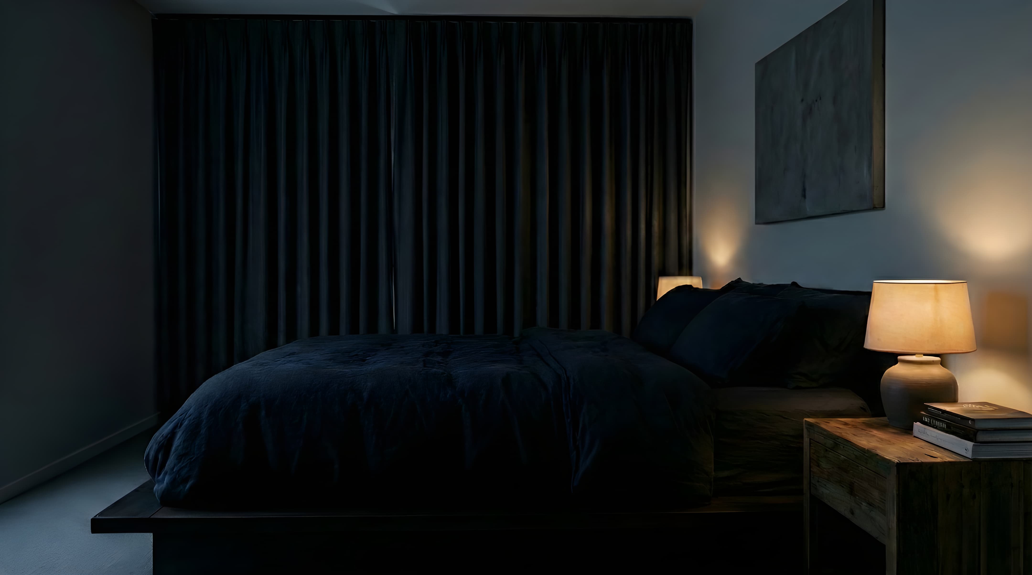 Dark, cool bedroom setup with blackout curtains and a tidy minimalist look